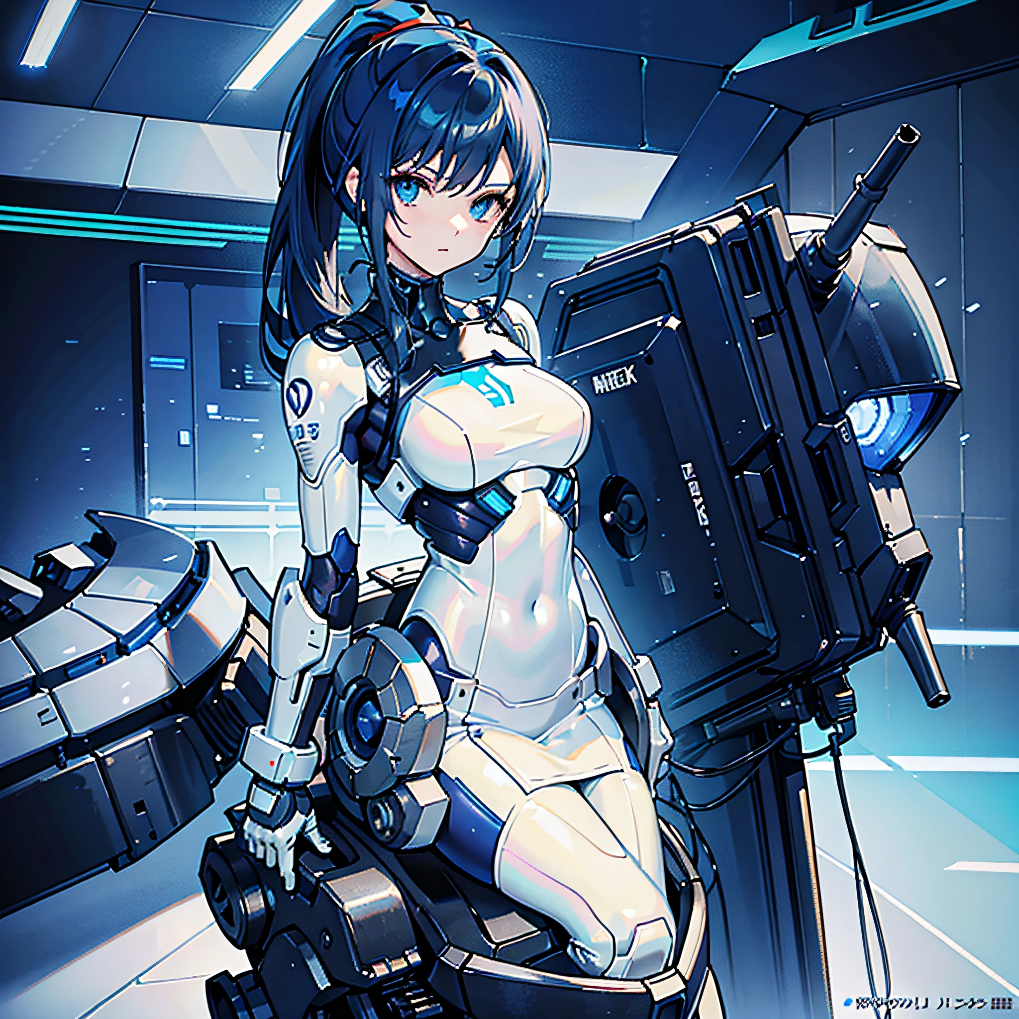 Dark blue hair, masterpiece, best quality, one girl, medium breasts, ((album cover)), light on face, slim body, white and blue costume, exoskeleton, metal gear, cyberpunk style, ponytail, gundam, computer control, computer stacked in the background