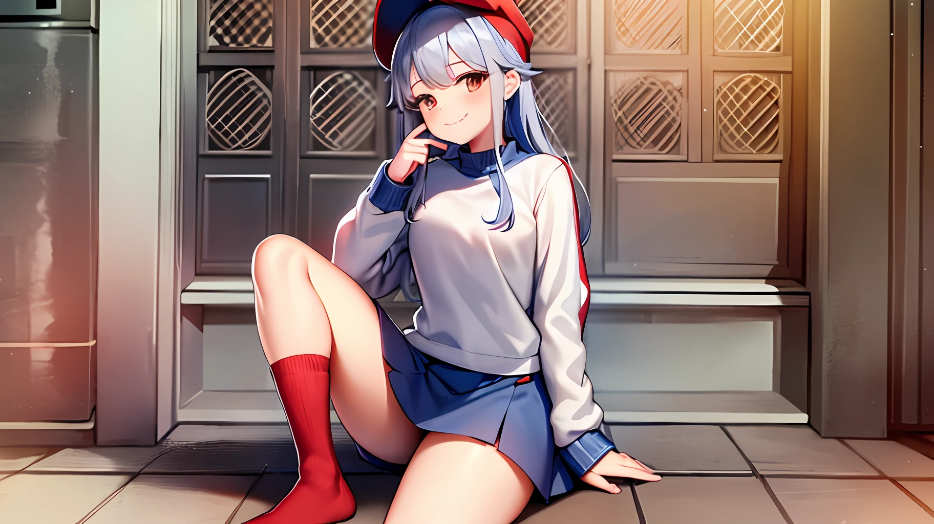 Red socks, blue shoes, white sweatshirt, gray short skirt, big bare legs, red hat, innocent smile