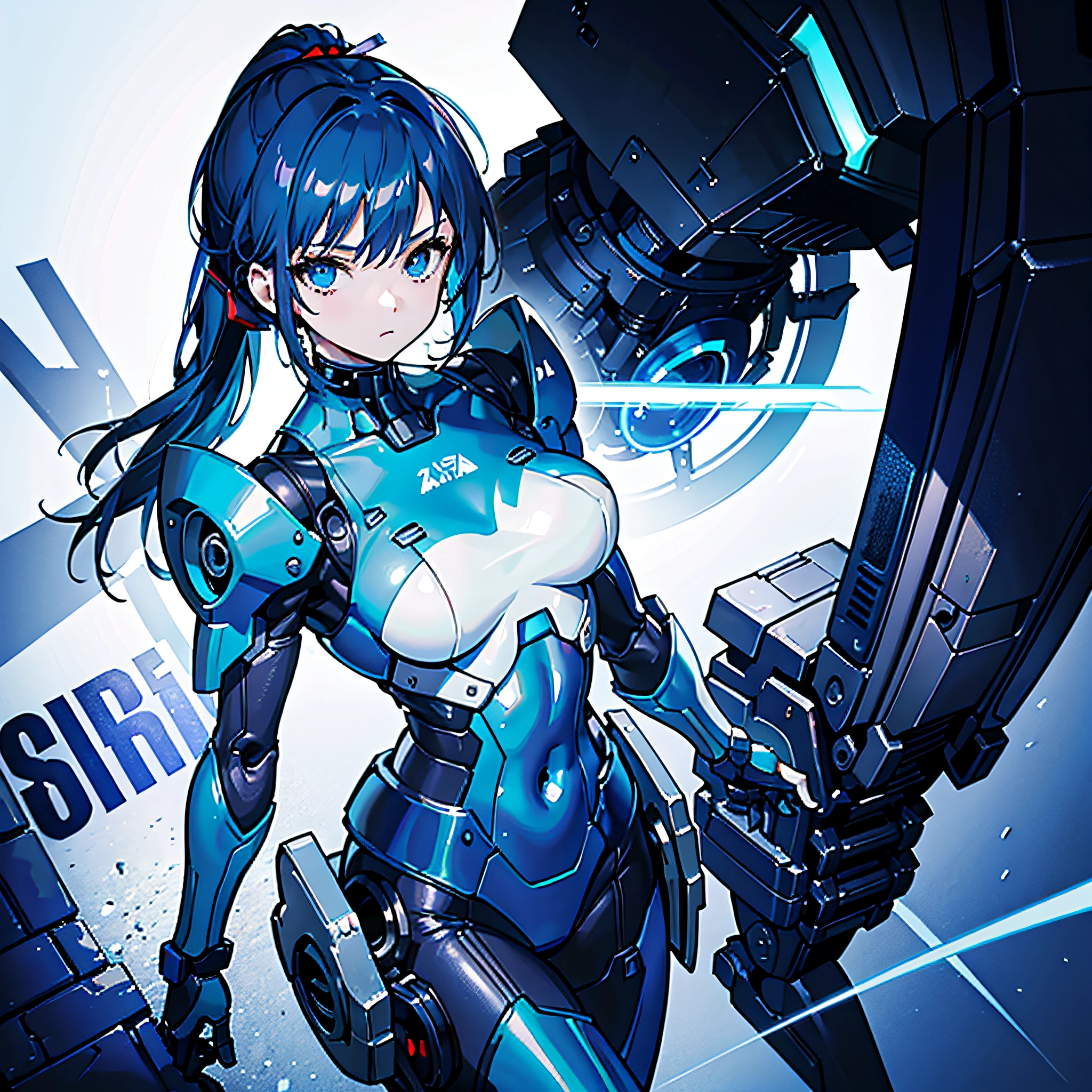 Dark blue hair, masterpiece, best quality, one girl, medium breasts, ((album cover)), light on face, slim body, white and blue costume, exoskeleton, metal gear, cyberpunk style, ponytail, gundam, computer control, computer stacked in the background