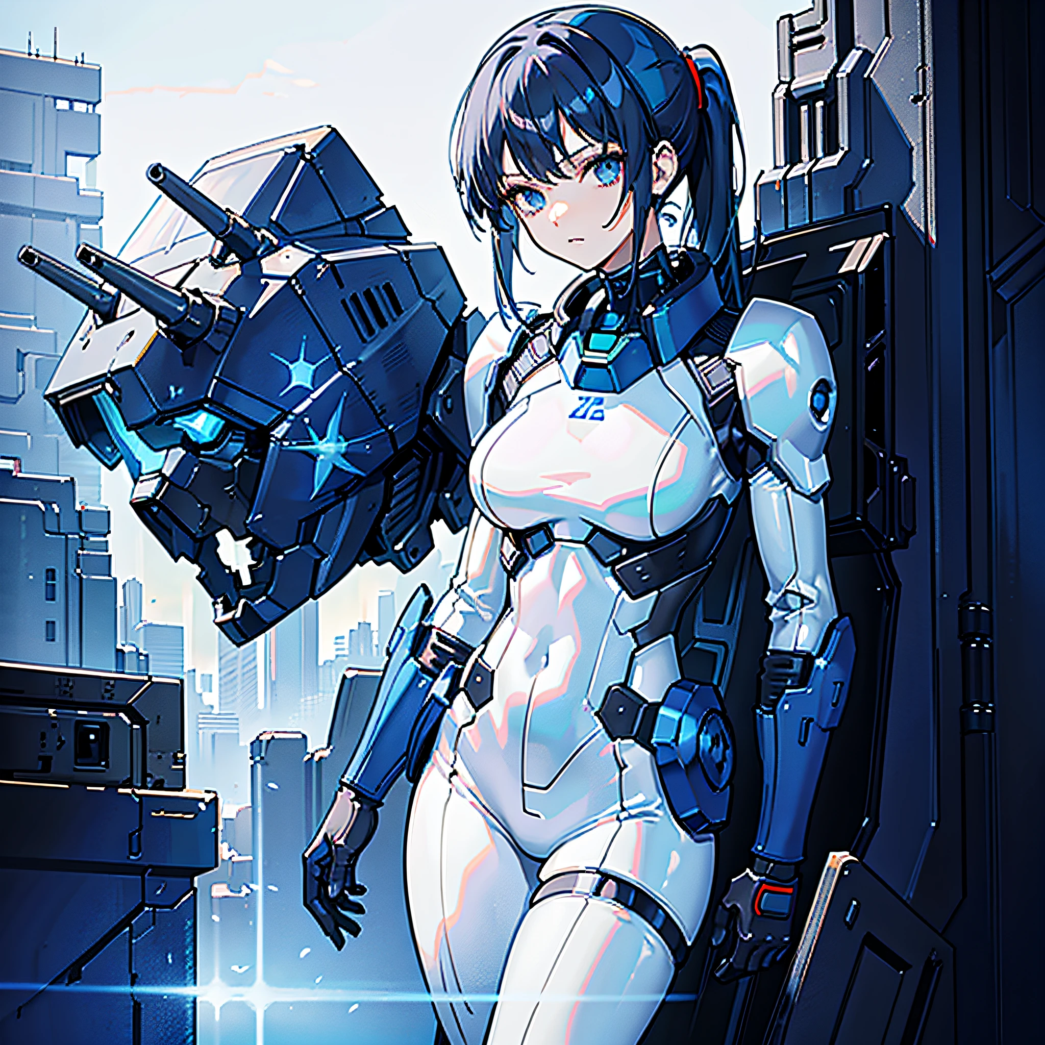 Dark blue hair, masterpiece, best quality, one girl, medium breasts, ((album cover)), light on face, slim body, white and blue costume, exoskeleton, metal gear, cyberpunk style, ponytail, gundam, computer control, computer stacked in the background
