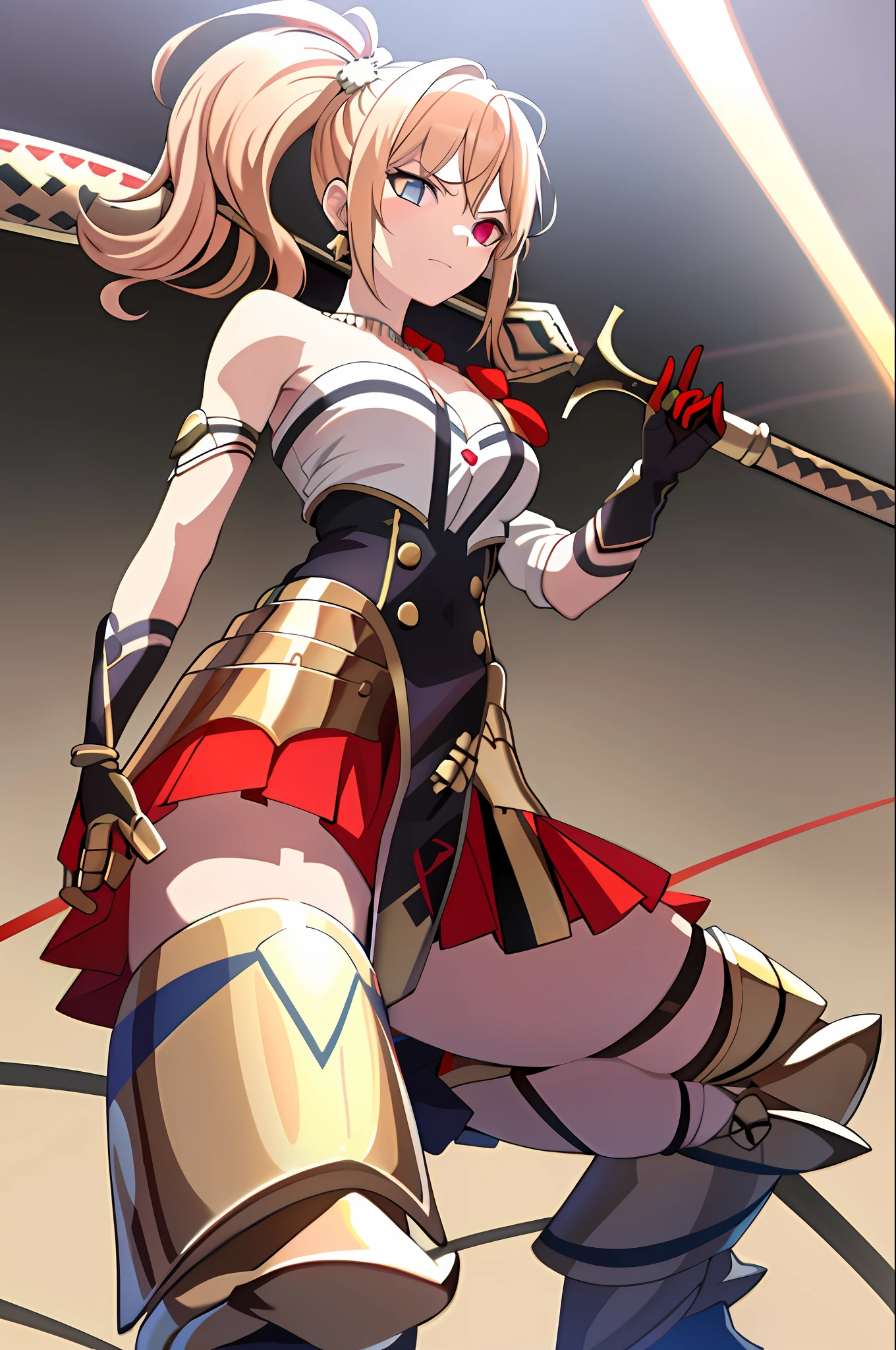 realistic, (masterpiece, top quality, best quality, official art, beautiful and aesthetic:1.2), extremely detailed,(1girl:1.3),cowboy shot,(looking at viewer),(holding single weapon:1.3),holding EA, Holding Sword of Rapture, pointing weapon at sky, from middle,black background,(night:1.2),
filmg, insane amused expression, JunkoenoshimaTopless, solo, and long, thick, bleached strawberry-blonde hair tied in two twin pigtails, (heterochromia light blue and red eyes:1.2), 1girl, jewelry, standing, earrings, necklace, armor, tattoo, topless, Gold armor, shirtless, gold clingon bra, single gold gauntlet,shoulder armor,elbow gloves, shoulder armor, gold cardigan over a red dress shirt, with both left open to the third button to expose the top of her gold-and-red bra, a red pleated miniskirt that is cut extremely short, and mid-sized gold and black boots with platform heels and red laces, standing, full body portrait
