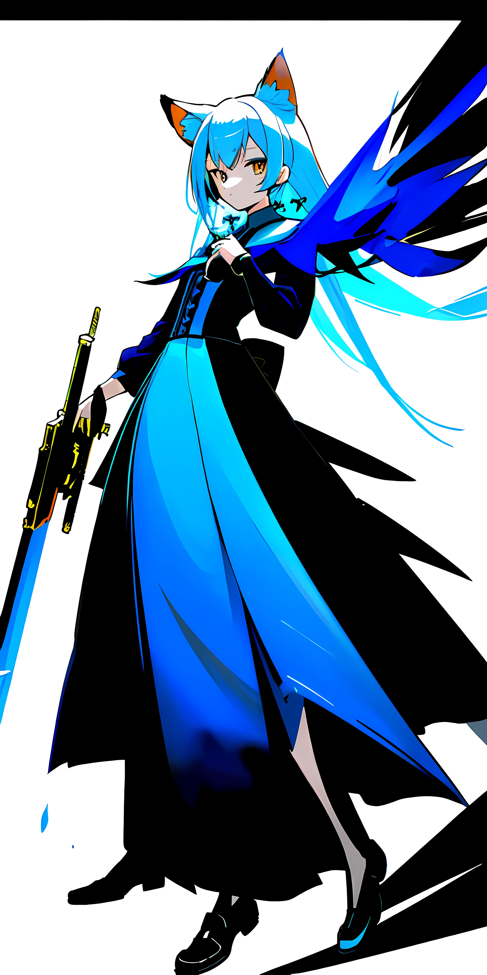 ((((masterpiece)))), high quality, very_high_resolution, large_filesize, full color, flat color, flat shading, fox ears, cool weapon, pose in motion, pretty girl, white hair