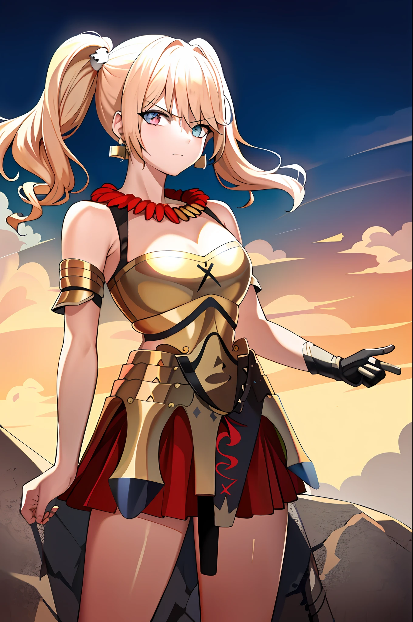 realistic, (masterpiece, top quality, best quality, official art, beautiful and aesthetic:1.2), extremely detailed,(1girl:1.3),cowboy shot,(looking at viewer),(holding single weapon:1.3),holding EA, Holding Sword of Rapture, pointing weapon at sky, from middle,black background,(night:1.2),
filmg, insane amused expression, JunkoenoshimaTopless, solo, and long, thick, bleached strawberry-blonde hair tied in two twin pigtails, (heterochromia light blue and red eyes:1.2), 1girl, jewelry, standing, earrings, necklace, armor, tattoo, topless, Gold armor, shirtless, gold clingon bra, single gold gauntlet,shoulder armor,elbow gloves, shoulder armor, gold cardigan over a red dress shirt, with both left open to the third button to expose the top of her gold-and-red bra, a red pleated miniskirt that is cut extremely short, and mid-sized gold and black boots with platform heels and red laces, standing, full body portrait