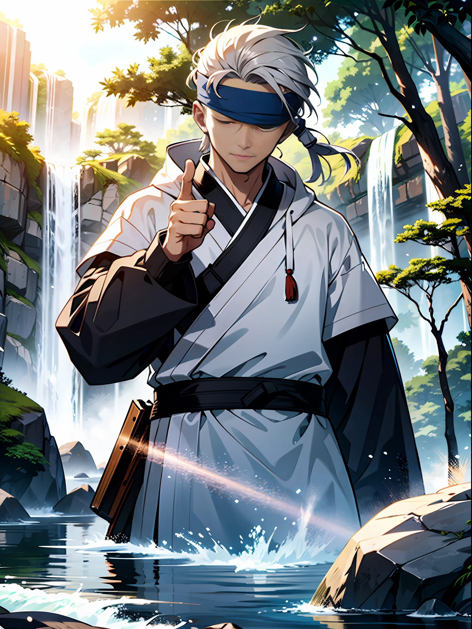Long grey haired man, ((blindfold)), sixpack, wearing white robe, white gloves, facing the camera, half-body shot, fighting stance, aggresive fighting stance, standing on the forest, waterfall, a small river flowing beside him, beautifull sun lighting, ((masterpiece quality)), eastern martial artist, wuxia vibe, light novel illustration, extremly detailed face, art style by krenz cushart + akihiko yoshida, trending in art station,