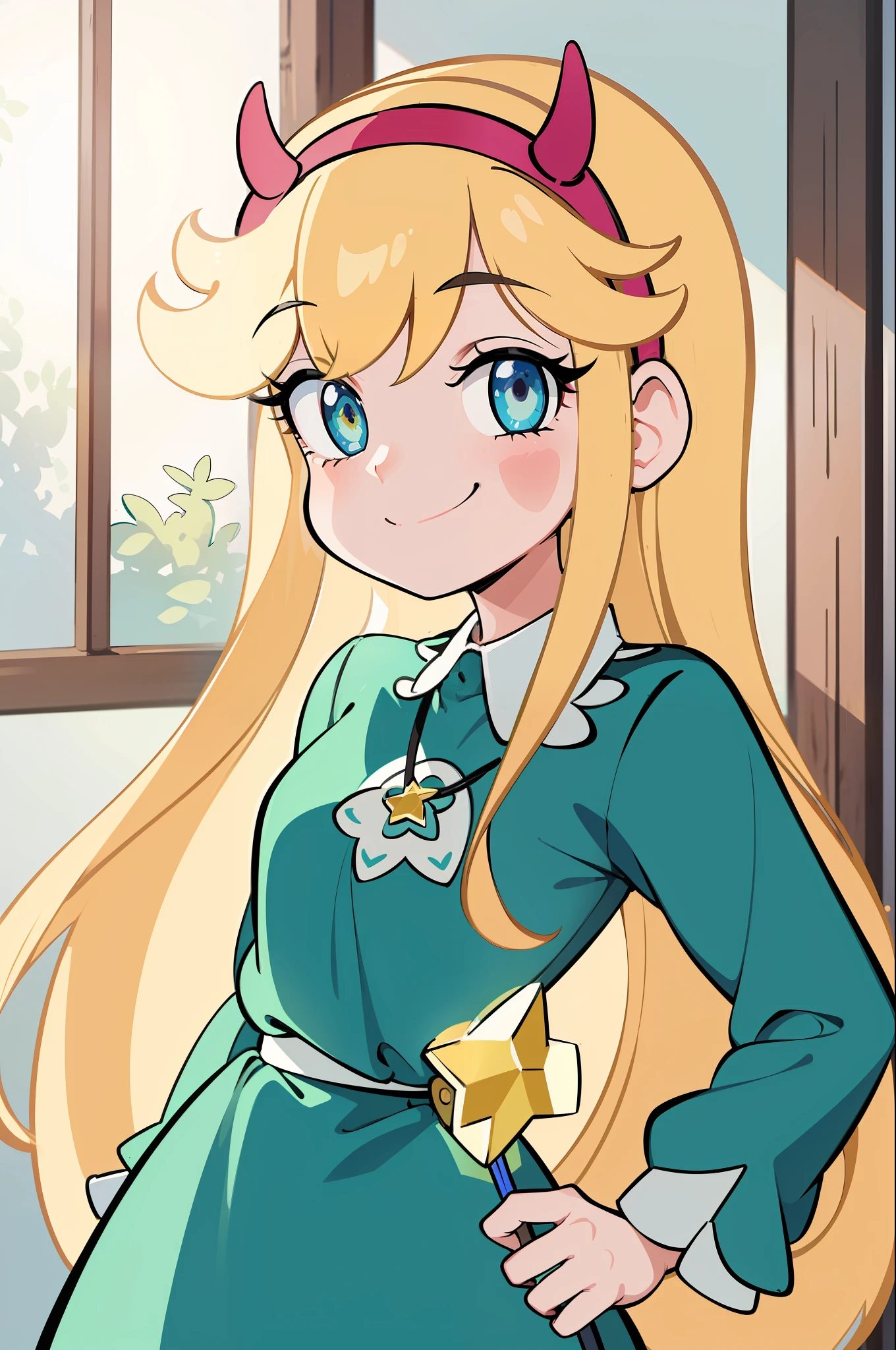 (masterpiece, best quality, high resolution:1.4), 1girl, woman, star butterfly, green squid outfit, horn hairband, smile, looking at viewer
