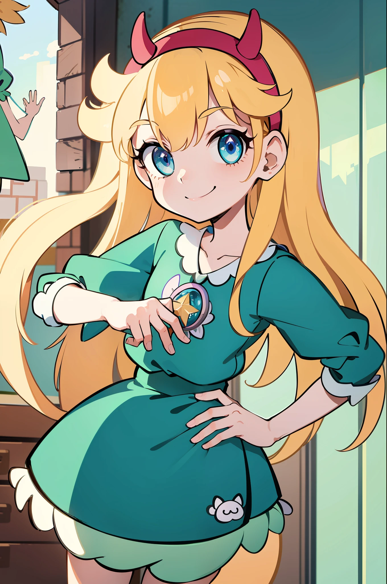 (masterpiece, best quality, high resolution:1.4), 1girl, woman, star butterfly, green squid outfit, horn hairband, smile, looking at viewer
