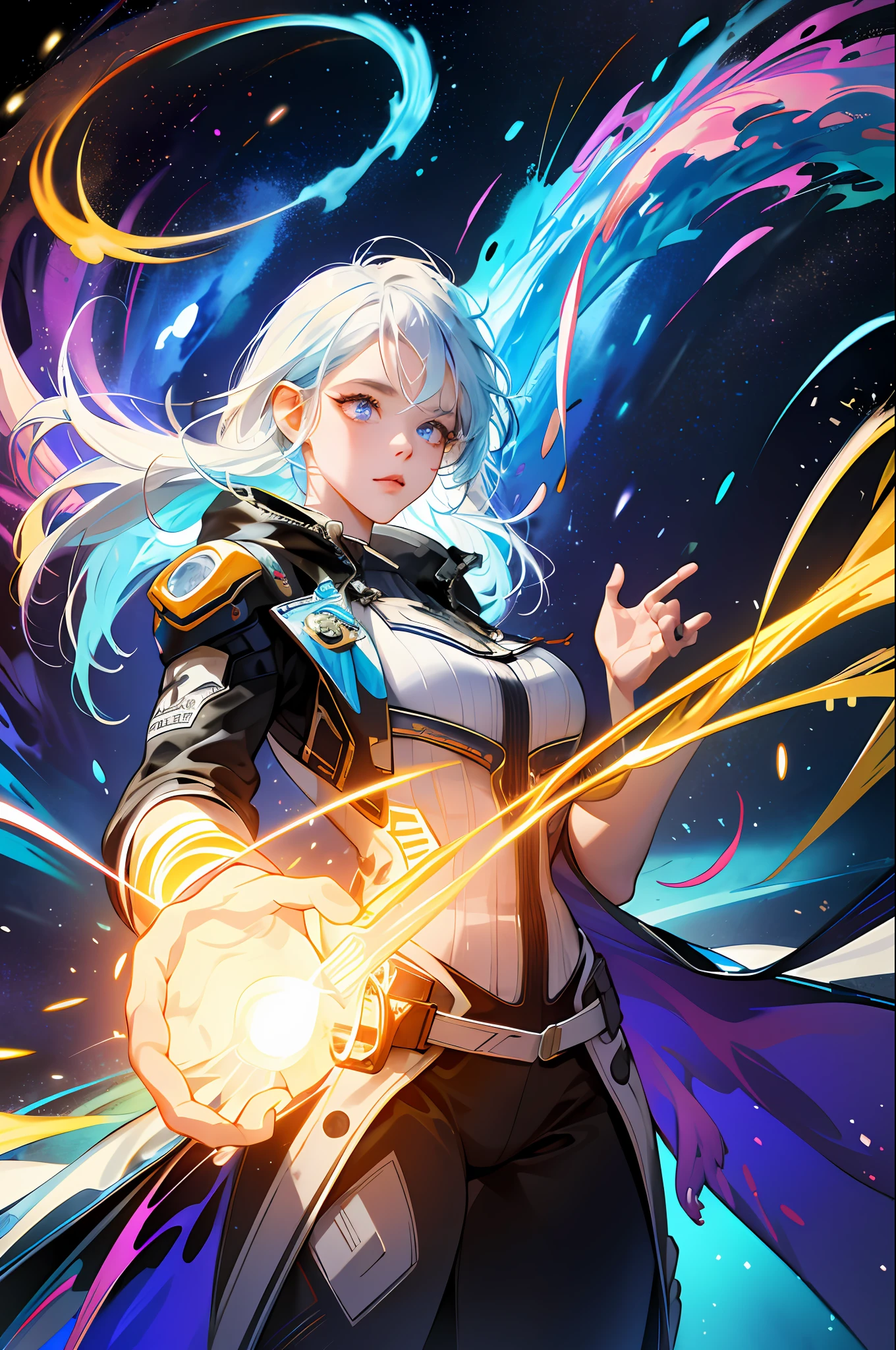 absurdres, highres, ultra detailed, 1girl, solo, extremely detailed eyes, light painting, (long exposure:1.2),dynamic streaks, luminous trails, vibrant colors, fluid movement, captivating patterns, creative experimentation,(highest detailed),(cowboy shot:1.2),dynamic pose