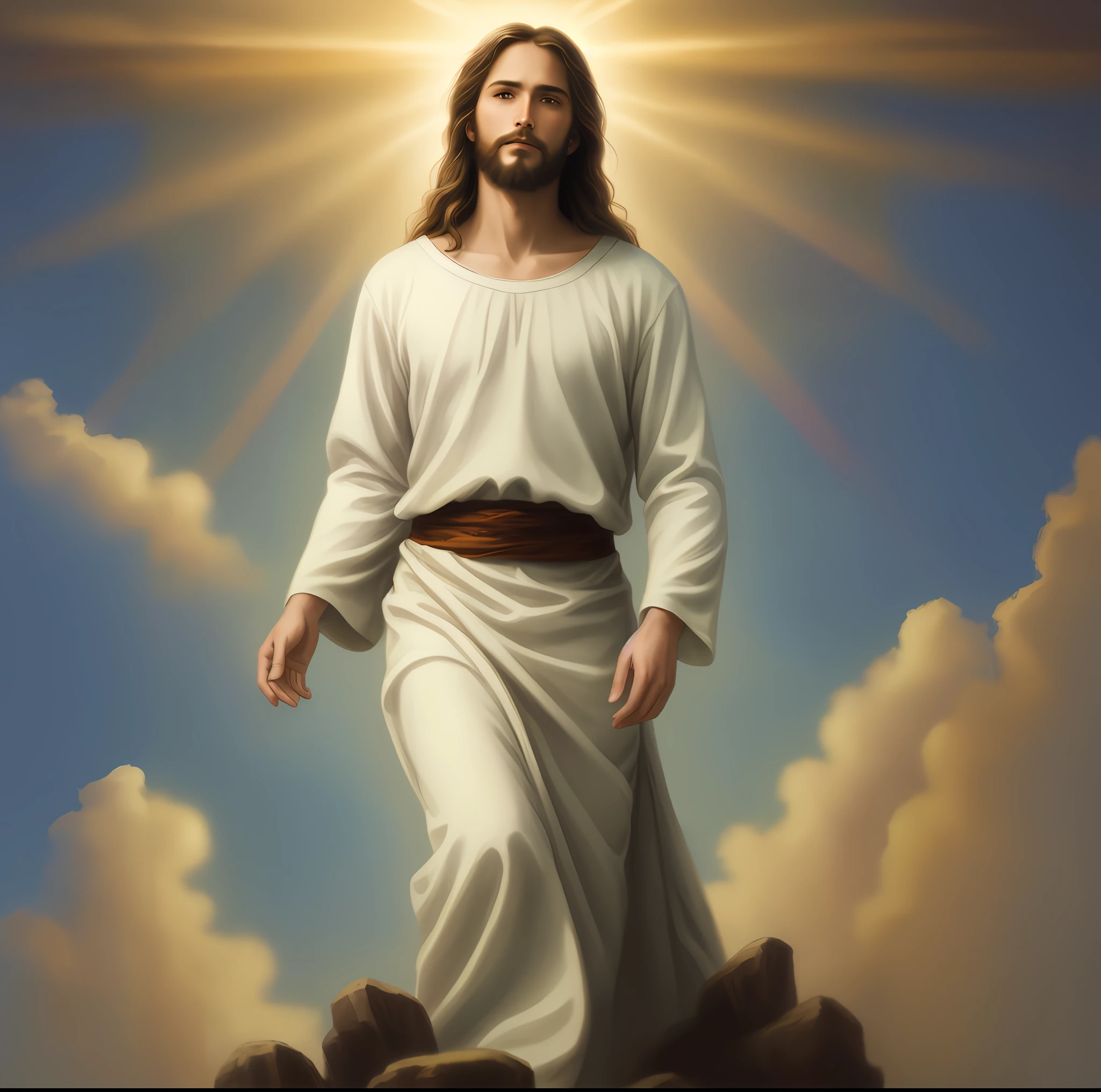 jesus walking on a hill with the sun shining behind him, jesus christ, young almighty god, jesus, jesus walking on water, portrait of jesus christ, jesus of nazareth, the lord and savior, dressed like jesus christ, portrait of a heavenly god, greg olsen, catholic religious art, god looking at me, by Juan O'Gorman, holy imagery