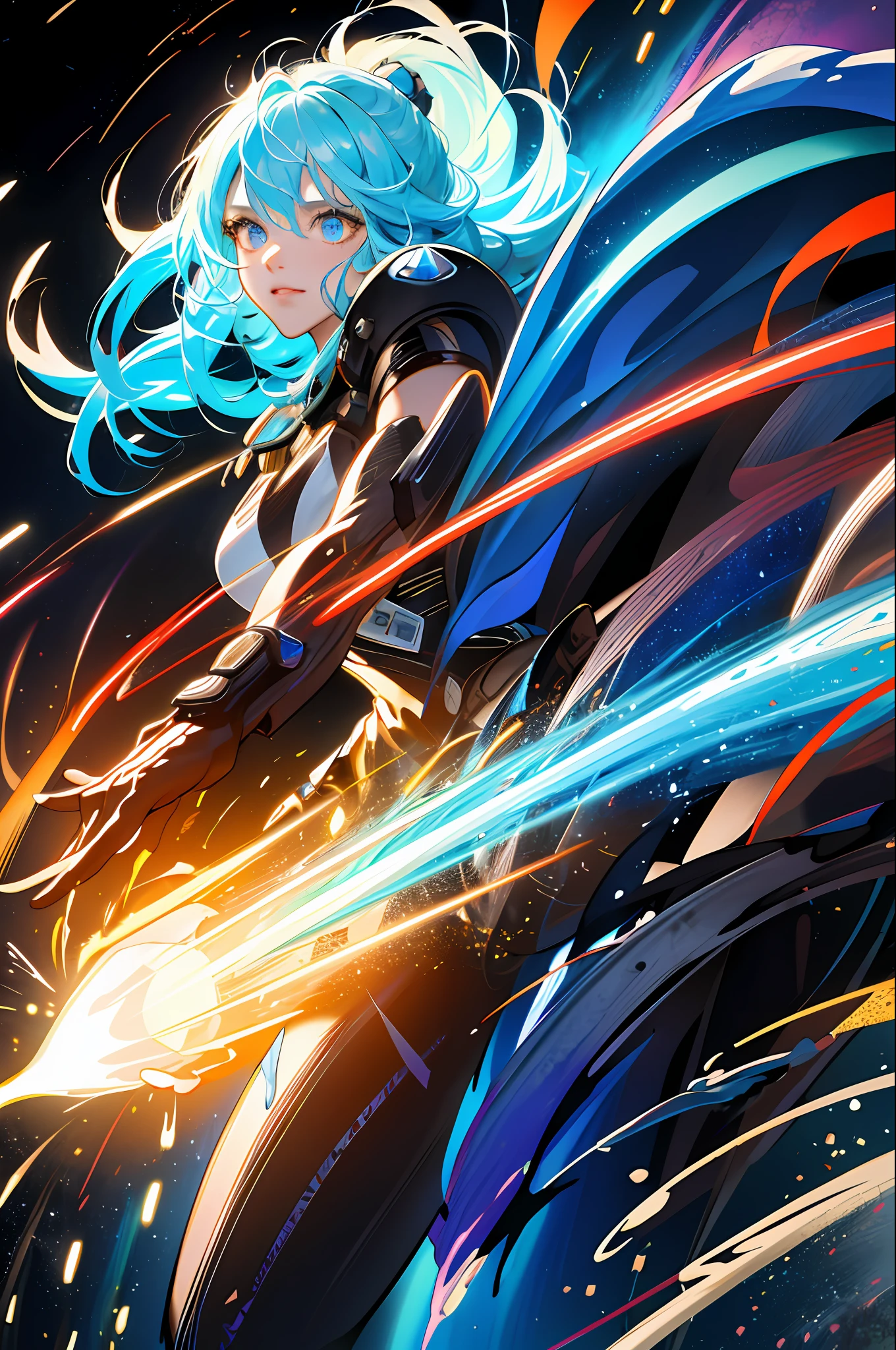 absurdres, highres, ultra detailed, 1girl, solo, extremely detailed eyes, light painting, (long exposure:1.2),dynamic streaks, luminous trails, vibrant colors, fluid movement, captivating patterns, creative experimentation,(highest detailed),(cowboy shot:1.2),dynamic pose