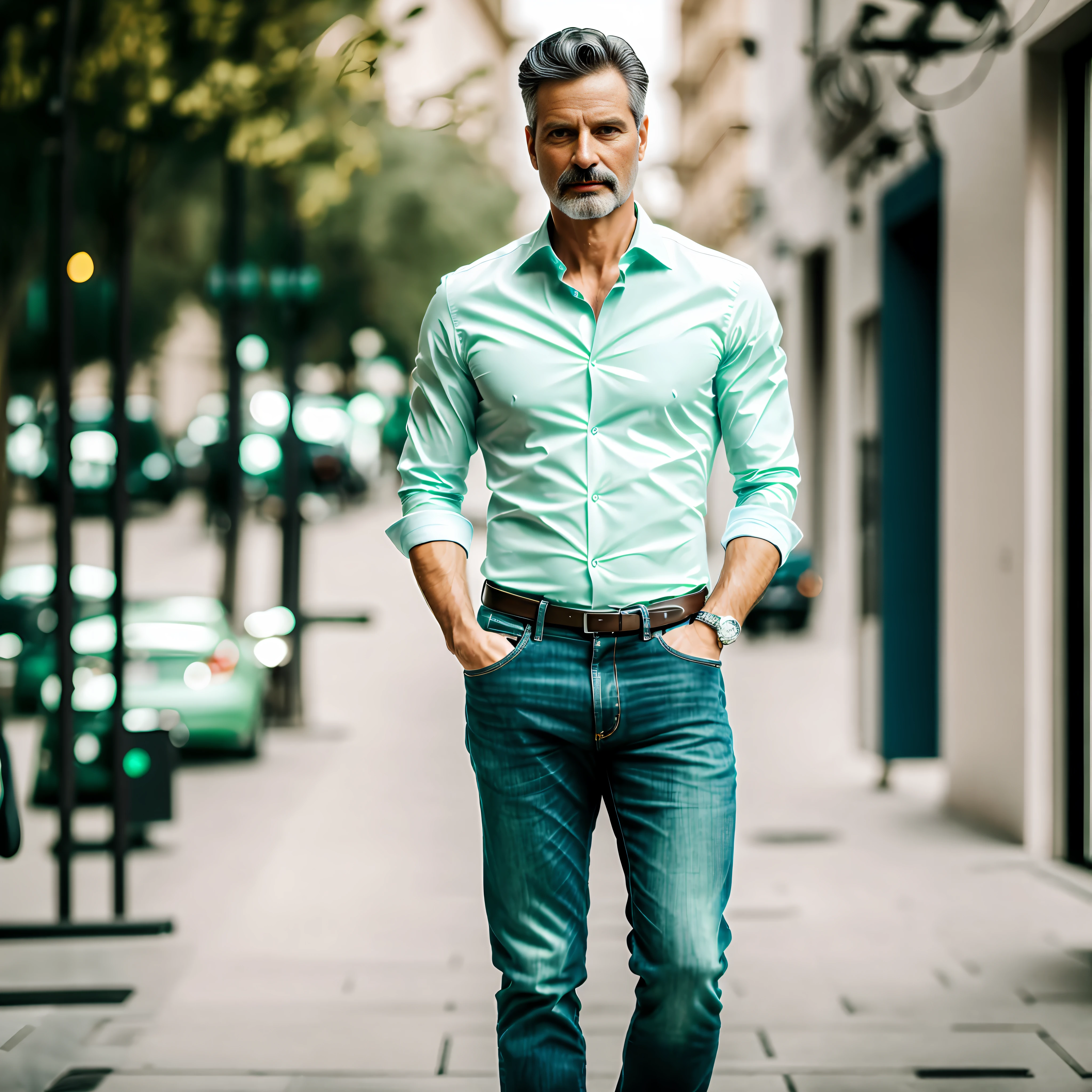 RAW photo of an elegant man, 50 years old, face with very detailed skin. European, light green eyes, black hair blurred background, full body plane, blue jeans, white shirt, looking at camera, cinematic, small details, photorealistic, ultrarealistic photo, 8k uhd, dslr, soft lighting, high quality, film grain, Fujifilm XT3, (masterpiece), --auto --s2