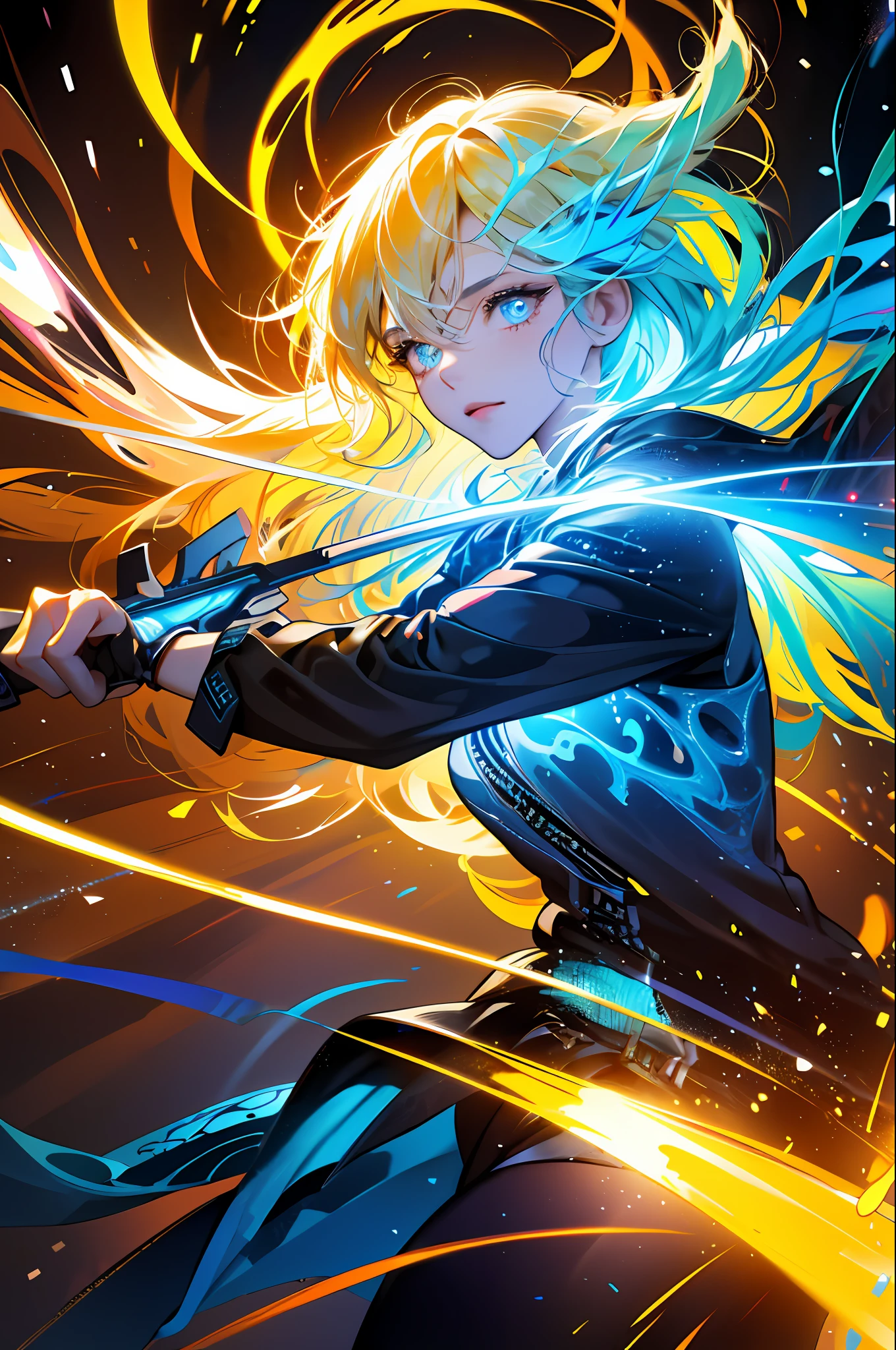 absurdres, highres, ultra detailed, 1girl, solo, extremely detailed eyes, light painting, (long exposure:1.2),dynamic streaks, luminous trails, vibrant colors, fluid movement, captivating patterns, creative experimentation,(highest detailed),(cowboy shot:1.2),dynamic pose