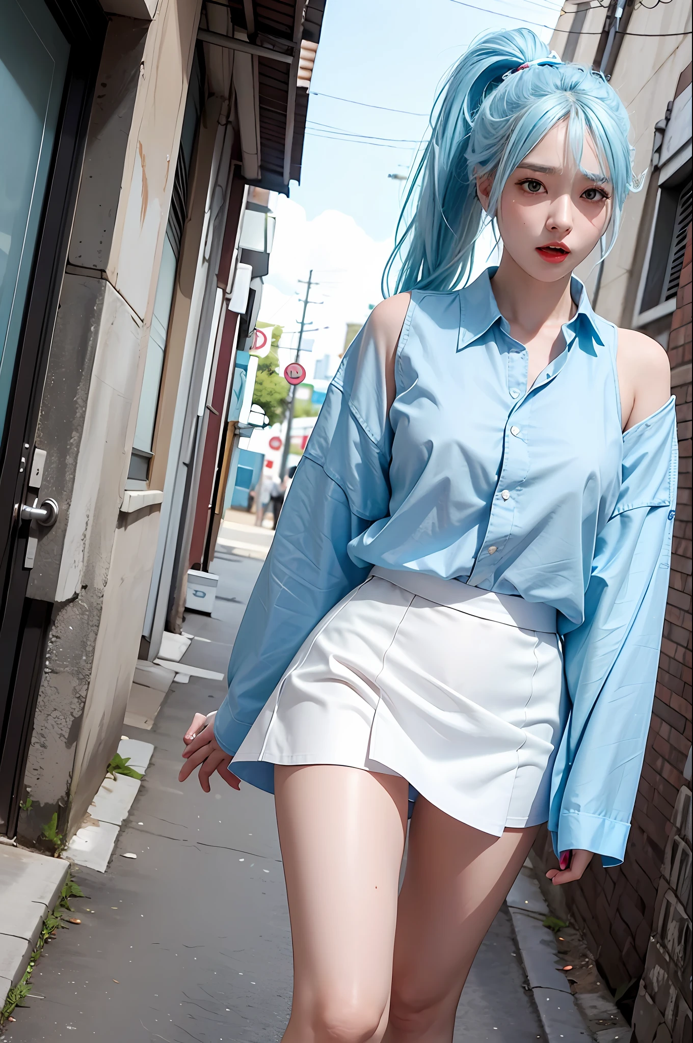 shorts, white blouse, ponytail, flashy hair, (wharf),photorealistic, high resolution, 1 girl, light blue hair, colorful hair color, korean, alley, holding out both hands, cowboy shot, ahegao silly/sexual ecstasy), briefskirt, blouse