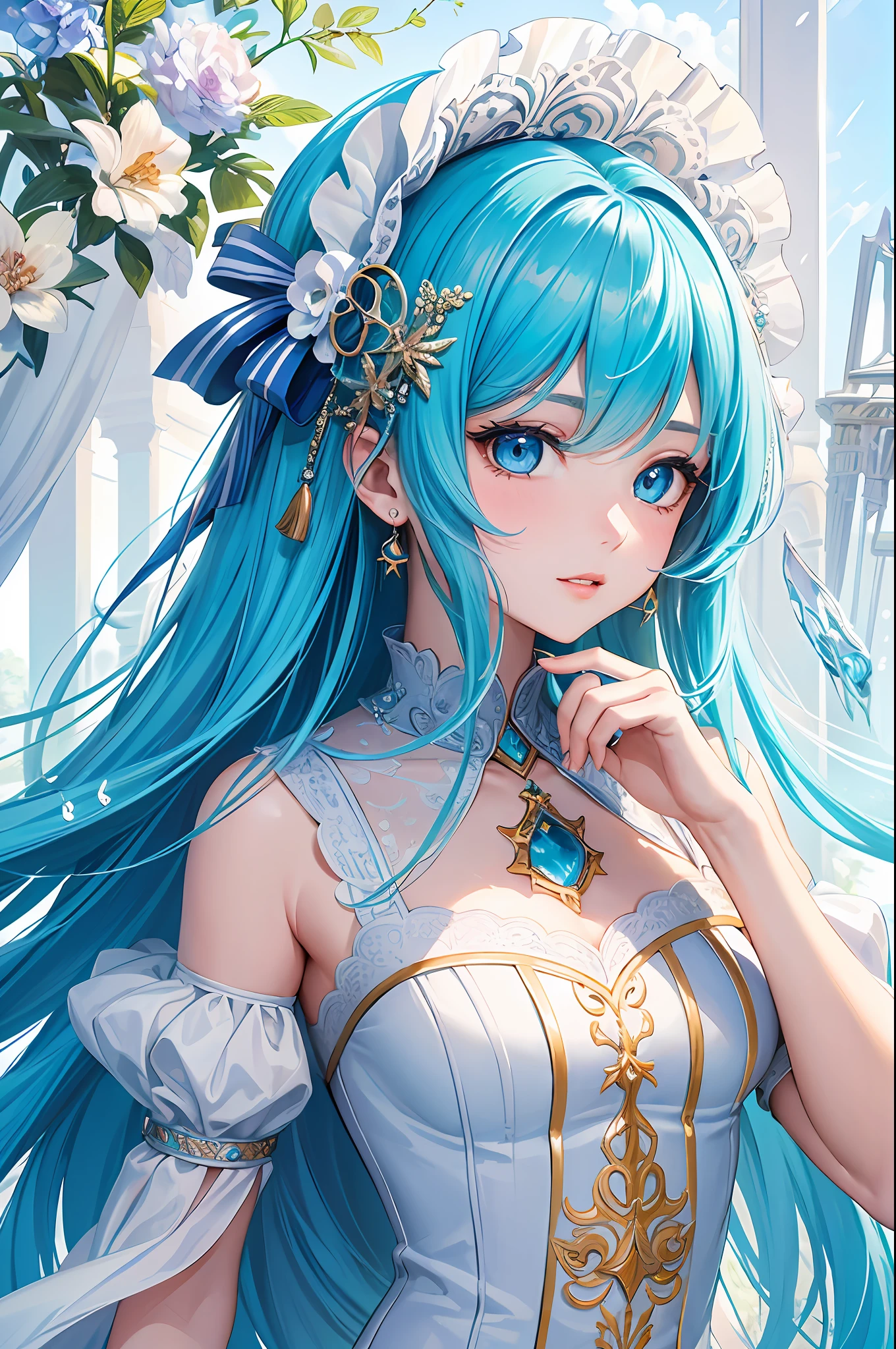 (Masterpiece, Top Quality, Best Quality, Official Art, Beauty and Aesthetics: 1.2), (1girl: 1.3), (Fractal Art: 1.3), Vibrant Aqua Blue Eyes, Medium Hair with Tassels,