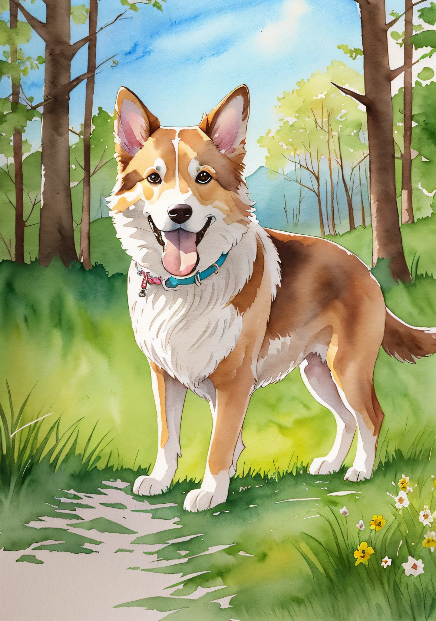 A charming print of a dog in a natural environment, portraying it with loving and playful expression, with the sun shining and a lush landscape in the background, Art, watercolor illustration with soft brushstrokes and soft tones
