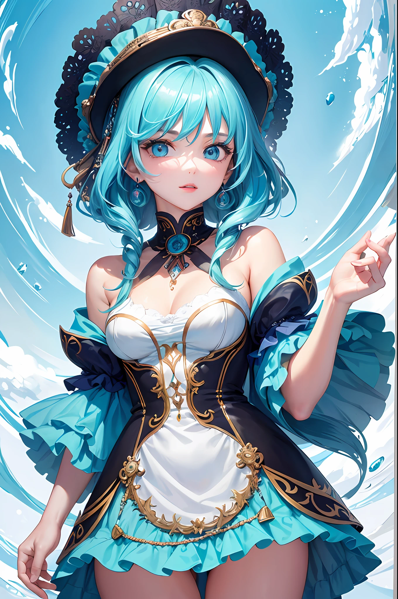 (Masterpiece, Top Quality, Best Quality, Official Art, Beauty and Aesthetics: 1.2), (1girl: 1.3), (Fractal Art: 1.3), Vibrant Aqua Blue Eyes, Medium Hair with Tassels,