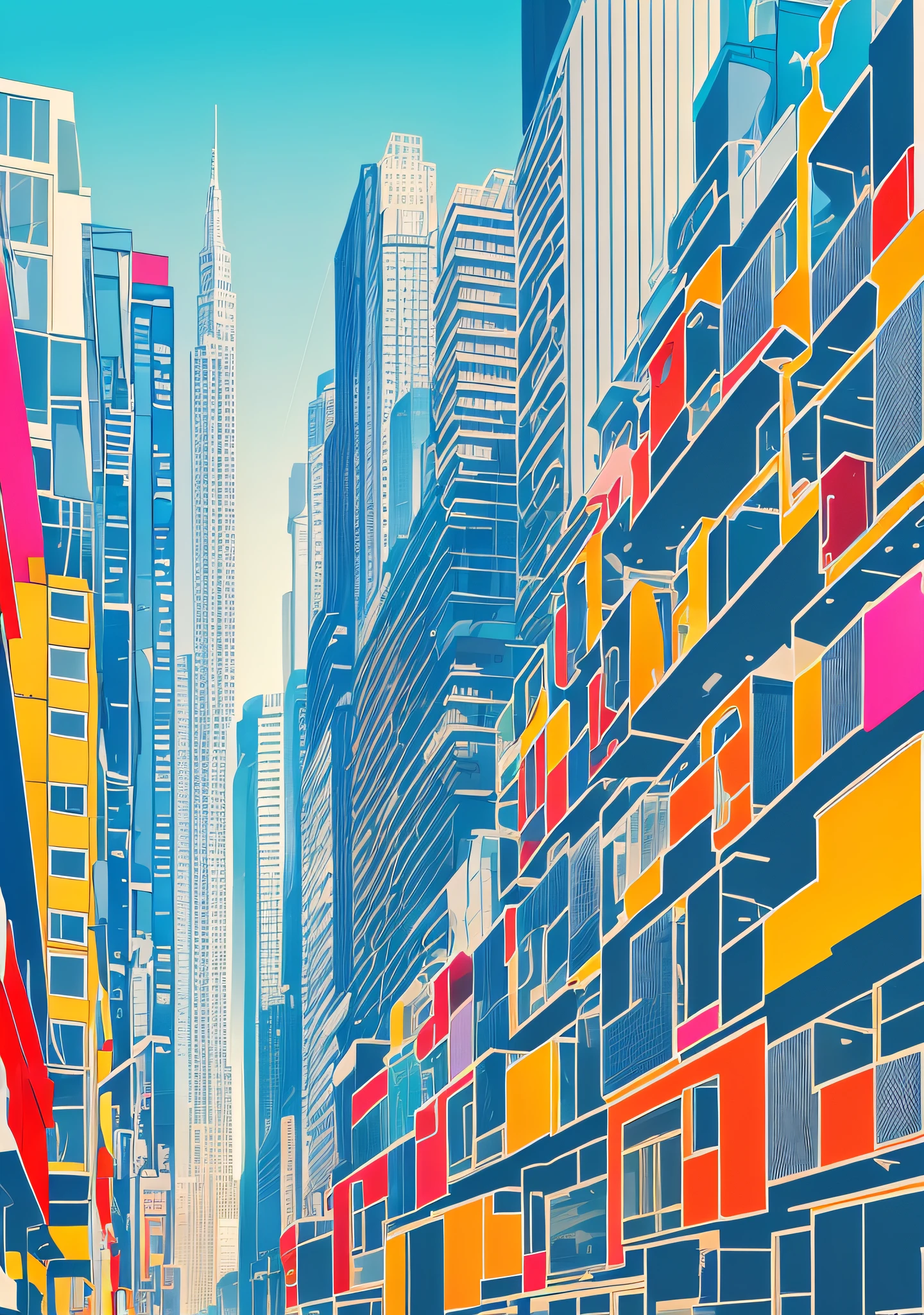 A fun print of a dog in an urban context, representing it with an energetic and cheerful attitude, surrounded by skyscrapers and urban elements such as poles and cars, conveying the liveliness and personality of the animal, Digital art, illustrative style with vibrant colors and striking contours