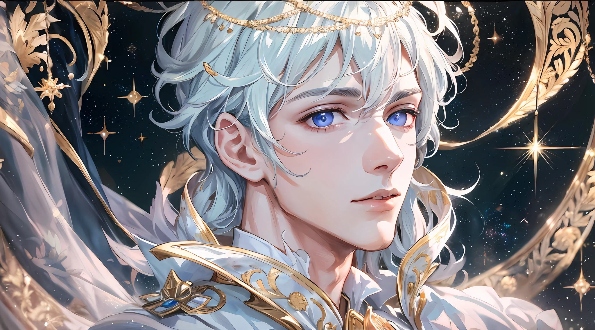 Prince, Young Man, Male, 1boy, Mature Male, Manly, portraying delicate eyes, Opal eyes, depicting delicate facial features, white uniform, white gloves, aristocratic dress, ribbon, medallion, extreme detail, delicate depiction, royalty, elegant, noble, royal dress, depth of field effect, background is palace, dramatic composition, dynamic pose, look at the camera