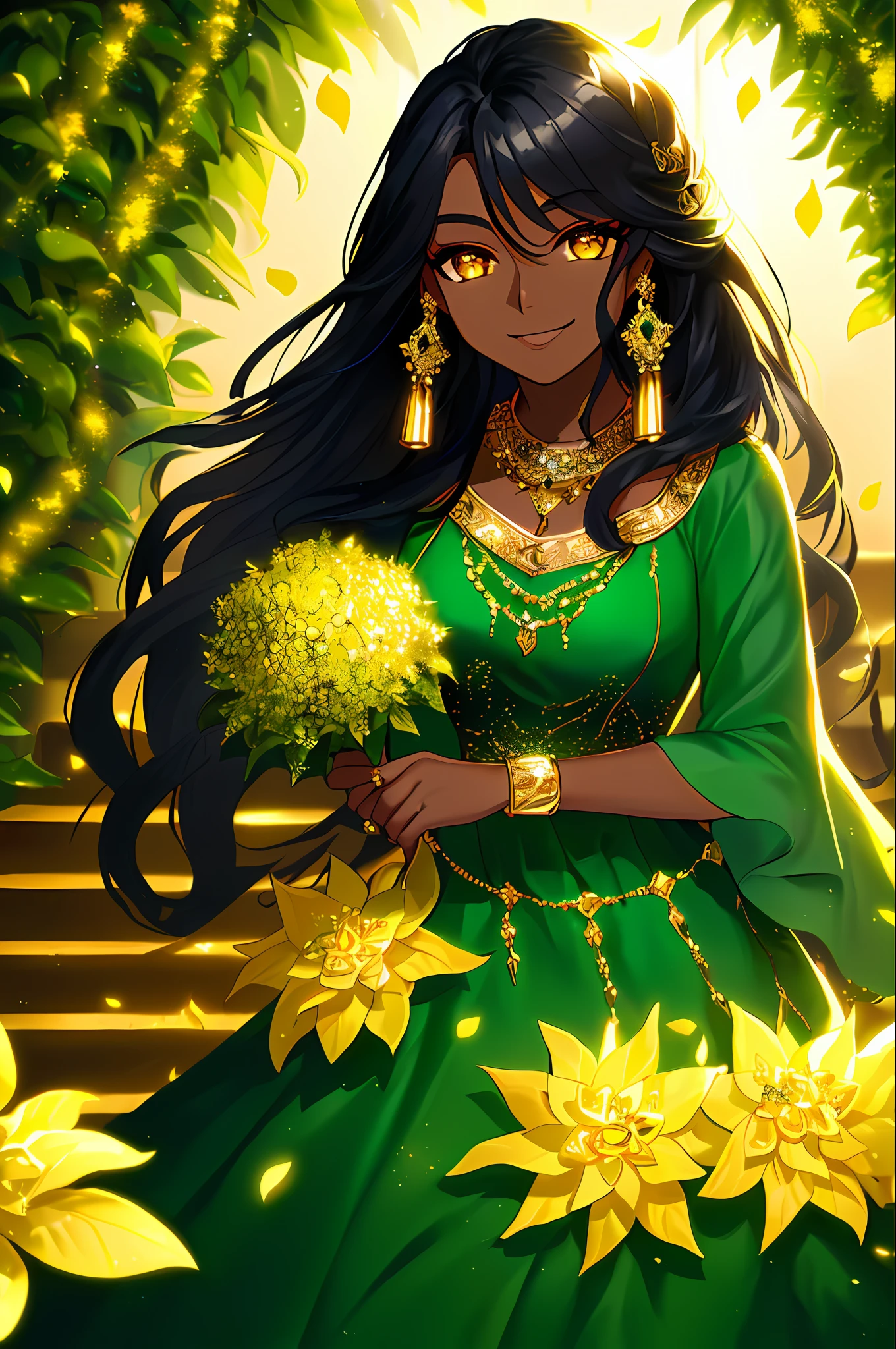 oil paiting, (woman, dark skin, gold_eyes, black long hair, in green luxury_dress, blue and gold jewelry, locking at viewer, sidelocks, smiling), (botanical, stair, leaf, flower background), (intricate, Cinematic lighting, glowing, dramatic lighting, beautiful detailed glow, masterpiece, best quality)