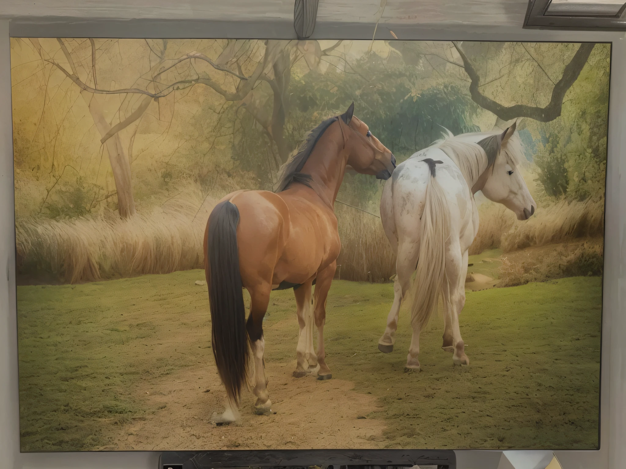 there are two horses standing in front of a picture on a television, 4k photograph of painting, inspired by Jacques-Laurent Agasse, horses, 64 bit realistic painting, inspired by John Frederick Herring, Sr., inspired by Rosa Bonheur, majestic horses, airbrush on canvas, photoreal”, 8 k hd detailed oil painting, airbrush digital oil painting