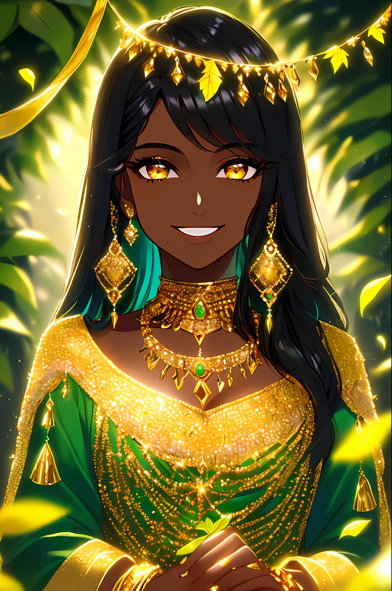 oil paiting, (woman, dark skin, gold_eyes, black long hair, in green luxury_dress, blue and gold jewelry, locking at viewer, sidelocks, smiling), (botanical, stair, leaf, flower background), (intricate, Cinematic lighting, glowing, dramatic lighting, beautiful detailed glow, masterpiece, best quality)