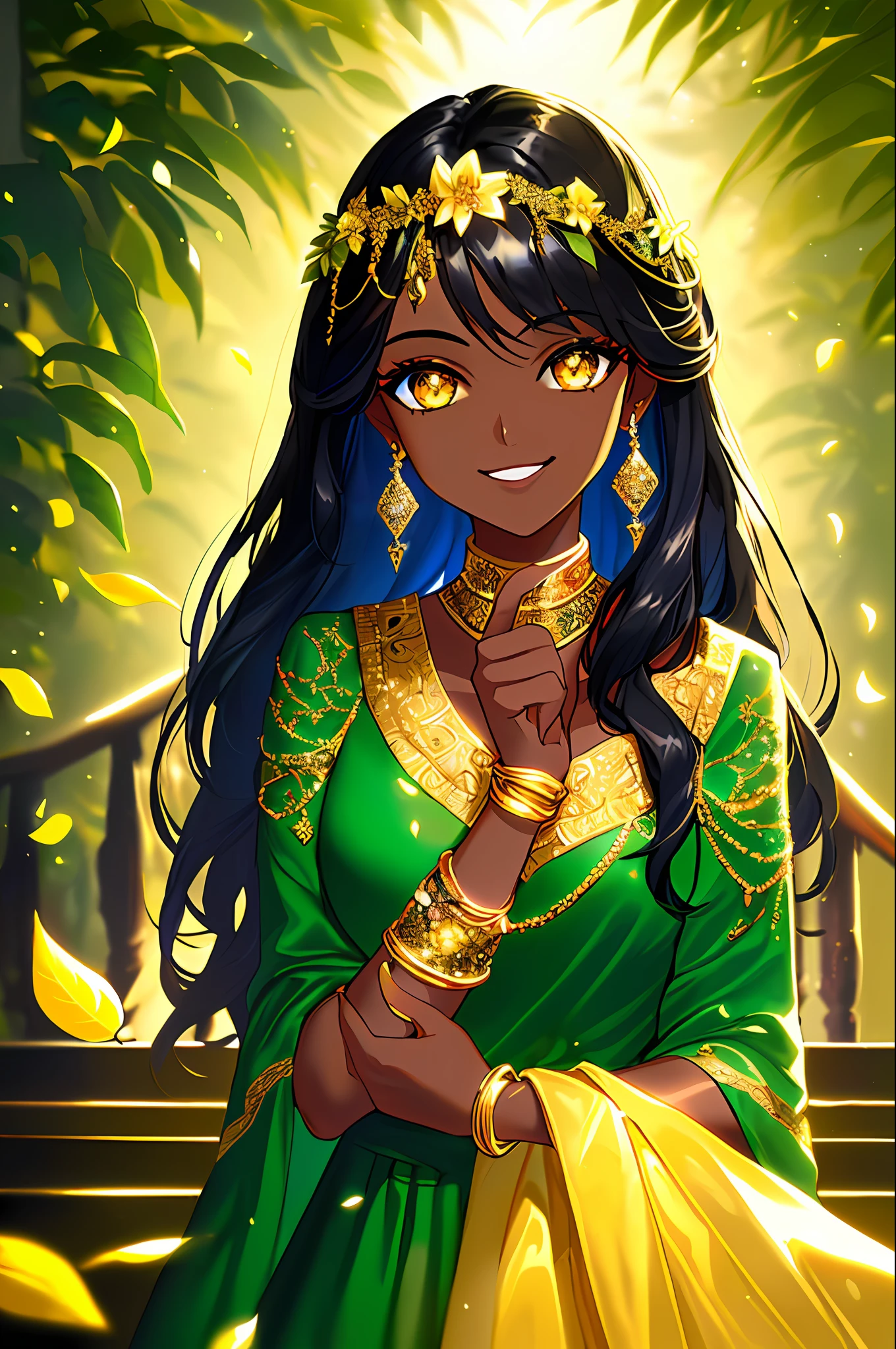 oil paiting, (woman, dark skin, gold_eyes, black long hair, in green luxury_dress, blue and gold jewelry, locking at viewer, sidelocks, smiling), (botanical, stair, leaf, flower background), (intricate, Cinematic lighting, glowing, dramatic lighting, beautiful detailed glow, masterpiece, best quality)