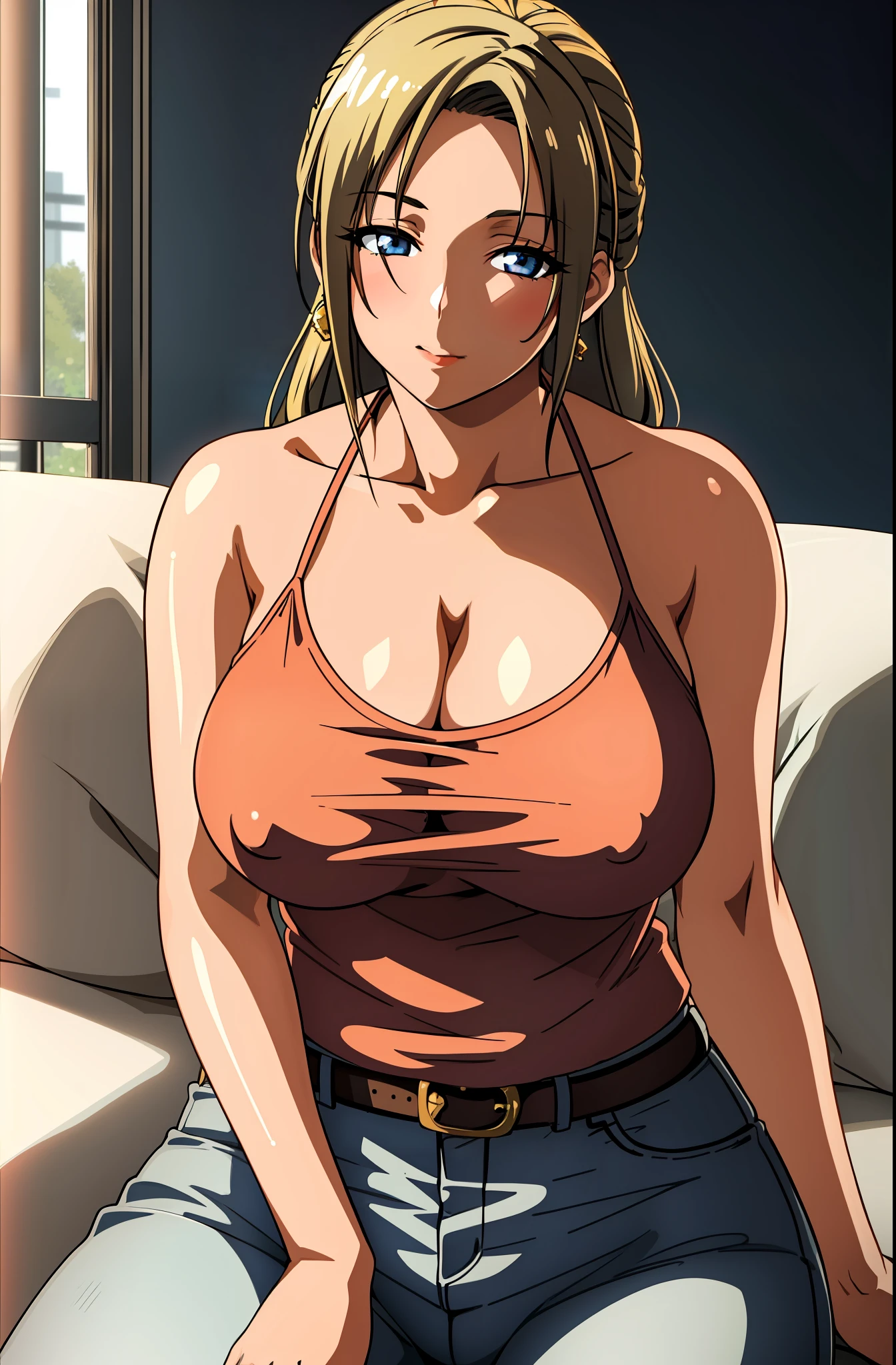 (day:1.7), Japan, Tokyo,CityView, Before Window,
sitting at attention,sitting on couch,
bare_shoulders,cleavage, collarbone, covered_nipples, cross_earrings, curtains, earrings,jewelry,tank_top,belt, belt_buckle, camisole, (Short_jeans),
blonde hair,blue_eyes, eyebrows_visible_through_hair,
1 girl,Solo, Manga,20yo,mature female,Beautiful Finger,Beautiful long legs,Beautiful body,Beautiful Nose,Beautiful character design, perfect eyes, perfect face, Japanese,cosplay,
looking at viewer, (innocent_big_eyes:1.0),(Light_smile:0.5),
official art,extremely detailed CG unity 8k wallpaper, perfect lighting,Colorful, Bright_Front_face_Lighting,
(masterpiece:1.0),(best_quality:1.0), ultra high res,4K,ultra-detailed,
photography, 8K, HDR, highres, absurdres:1.2, Kodak portra 400, film grain, blurry background, bokeh:1.2, lens flare, (vibrant_color:1.2)
(Beautiful,large_Breasts:1.4), (beautiful_face:1.5),(narrow_waist), milf,