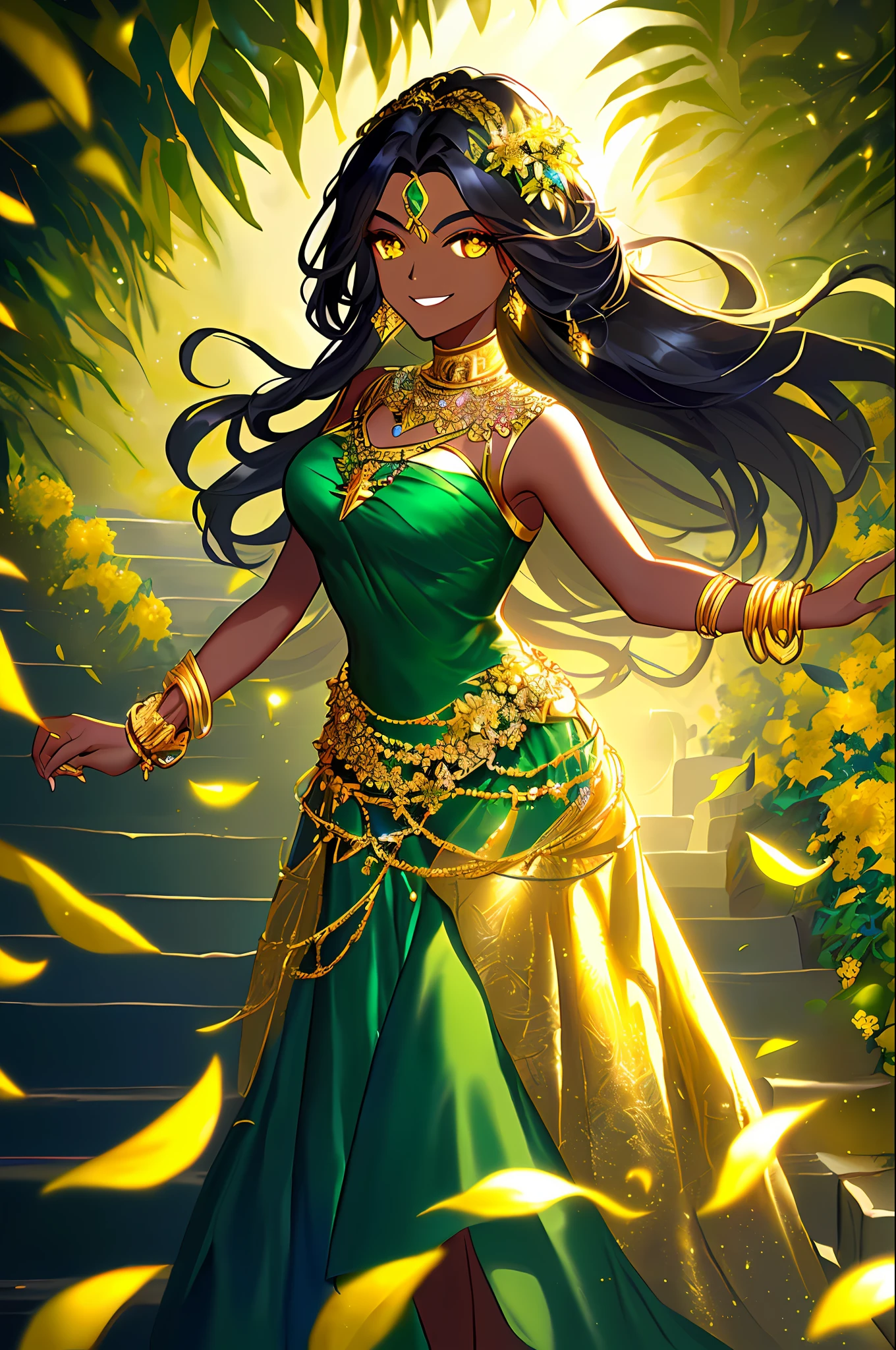 oil paiting, (woman, dark skin, gold_eyes, black long hair, in green luxury_dress, blue and gold jewelry, locking at viewer, sidelocks, smiling), (botanical, stair, leaf, flower background), (intricate, Cinematic lighting, glowing, dramatic lighting, beautiful detailed glow, masterpiece, best quality)