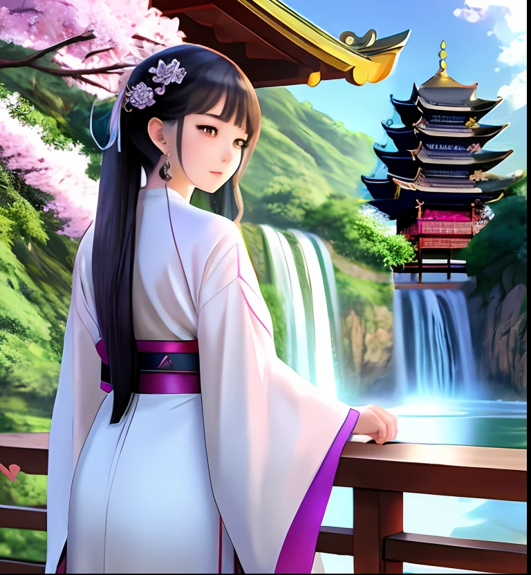 Anime girl looking at waterfall and pagoda in traditional costume, anime style 4 K, palace, girl in hanfu, 2. 5d CGI anime fantasy artwork, anime fantasy artwork, anime fantasy illustration, beautiful anime artwork, guvez style artwork, beautiful fantasy anime, anime art wallpaper 4k, anime style digital art, anime art wallpaper 4k. The girl palms down and rests on the railing.