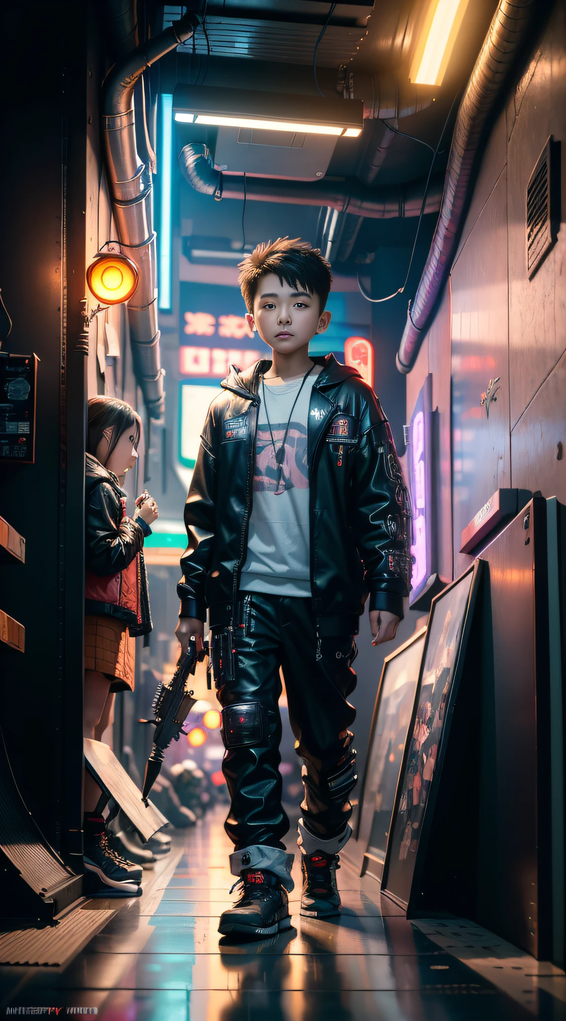 ((Best Quality)), ((Masterpiece)), (Highly Detailed:1.3), 3D, , (cyberpunk:1.5), on the street, (holding_weapon:1.3), facing the audience, bright eyes, full body, glowing_eyes, mecha, panorama, f/1.4 lens, cyberpunk background, luminous sign, bokeh background, road, cars, cinematic lights, particles, Reality, HDR (High Dynamic Range), Ray Tracing, NVIDIA RTX, Super Resolution, Unreal 5, Subsurface Scattering, PBR Textures, Post-Processing, Anisotropic Filtering, Depth of Field, Maximum Clarity and Clarity, Multilayer Textures, Albedo and Specular Maps, Surface Shading, Accurate Simulation of Light-Material Interaction, Perfect Proportions, Octane Render, Two-Tone Lighting, Large Aperture, Low ISO, White Balance, Rule of Thirds, 8K RAW, Efficient Sub-Pixel, Sub-pixel Volume Product, (best quality), (Liu Yi Fei: 1.5)