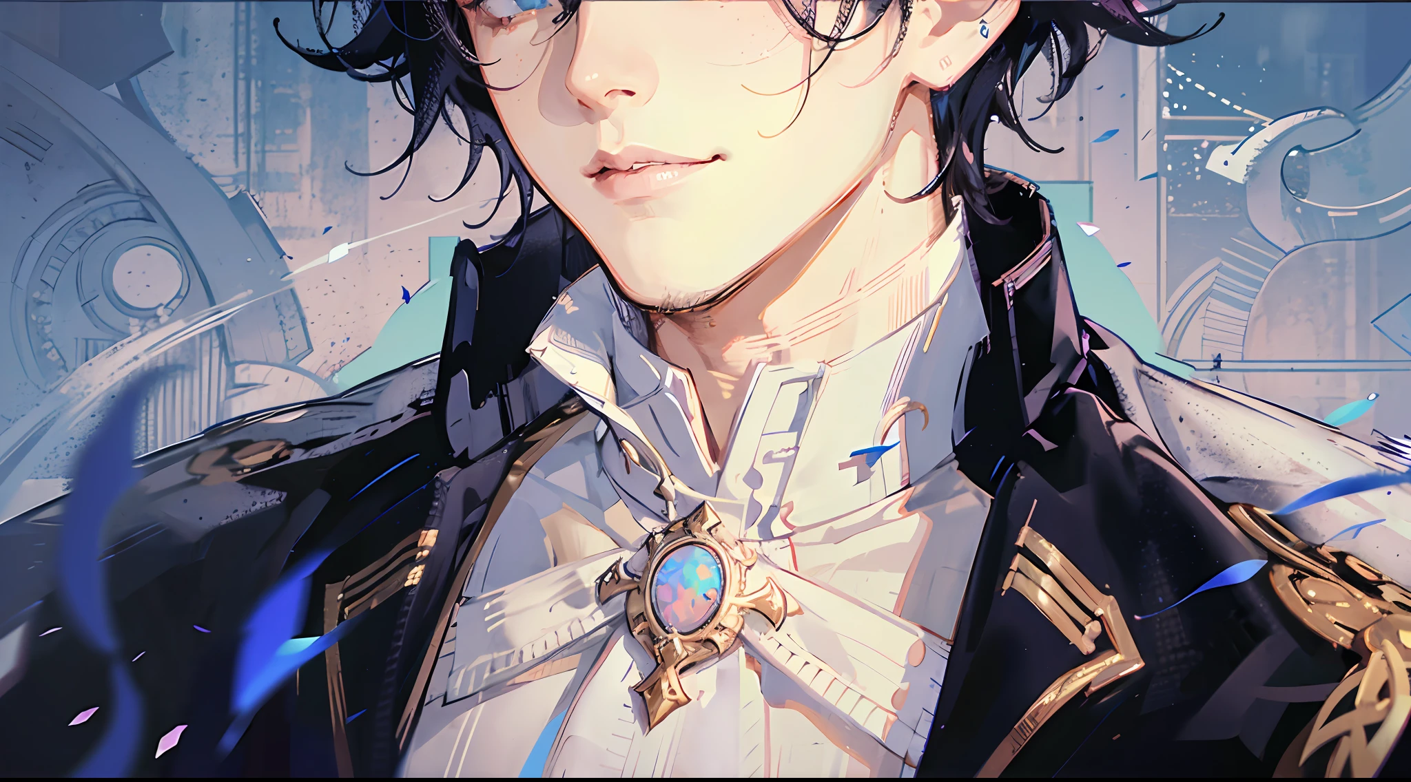Prince, Young Man, Male, 1boy, Mature Male, Manly, portraying delicate eyes, Opal eyes, depicting delicate facial features, white uniform, white gloves, aristocratic dress, ribbon, medallion, extreme detail, delicate depiction, royalty, elegant, noble, royal dress, depth of field effect, background is palace, dramatic composition, dynamic pose, look at the camera