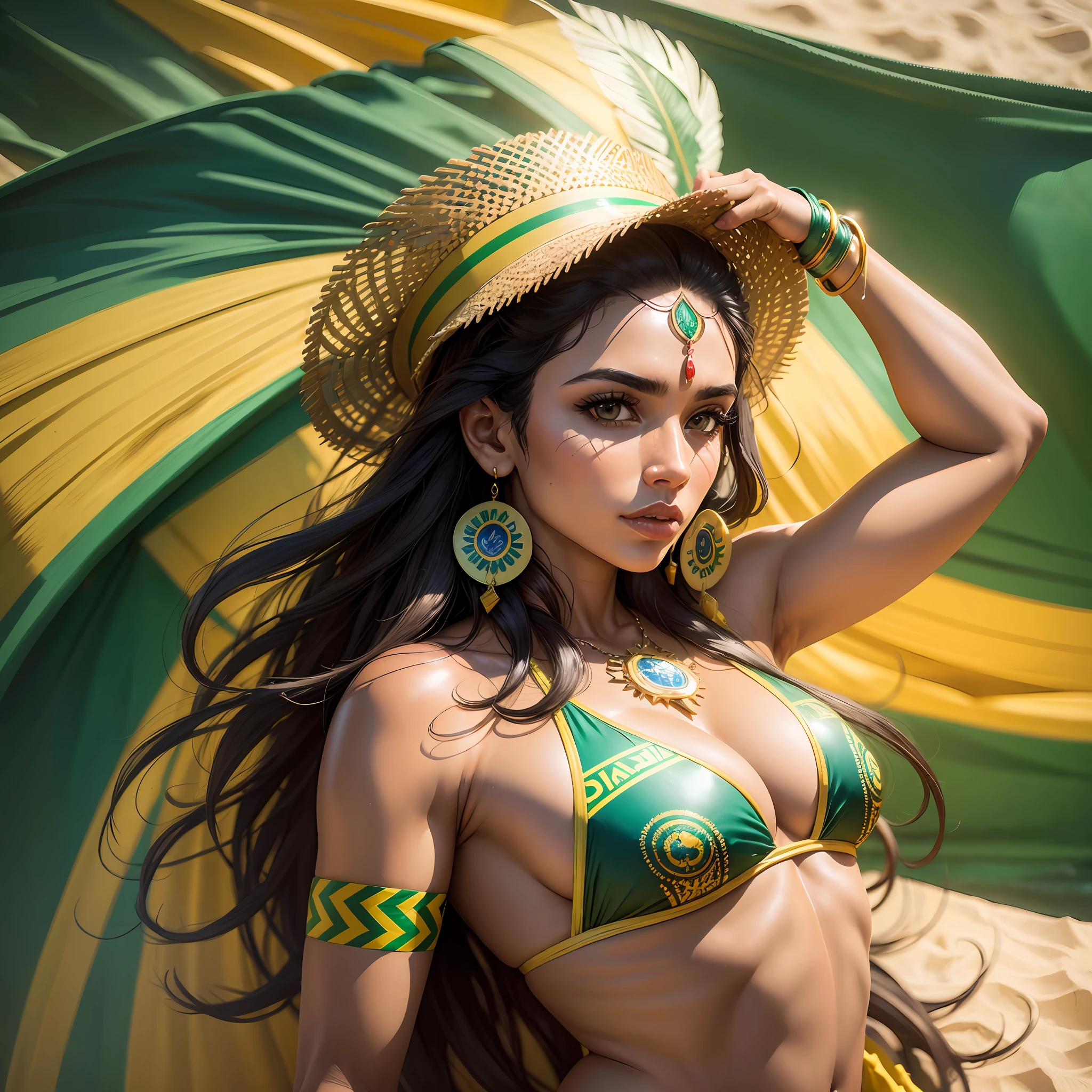 WOMAN, BRAZIL, REPRESENTATION, BRAZILIAN FLAG, SWIMWEAR, SEXY, INDIGENOUS TRAITS, MORENa, REPRESENTATION BRASILEIRa woman, 8K, INTRICATE DETAILS, PROFESSIONAL LIGHTING, BEST QUALITY