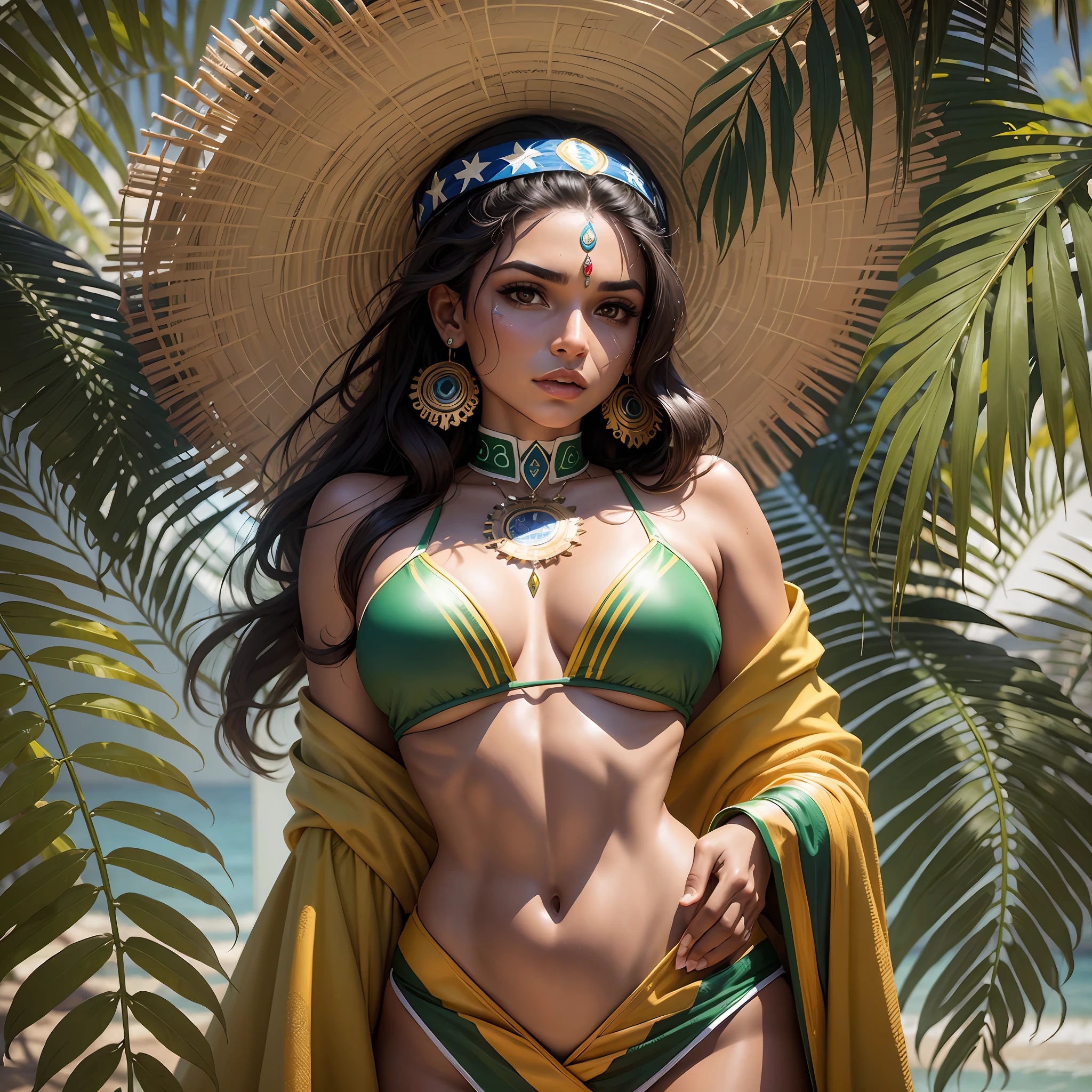 WOMAN, BRAZIL, REPRESENTATION, BRAZILIAN FLAG, SWIMWEAR, SEXY, INDIGENOUS TRAITS, MORENa, REPRESENTATION BRASILEIRa woman, 8K, INTRICATE DETAILS, PROFESSIONAL LIGHTING, BEST QUALITY