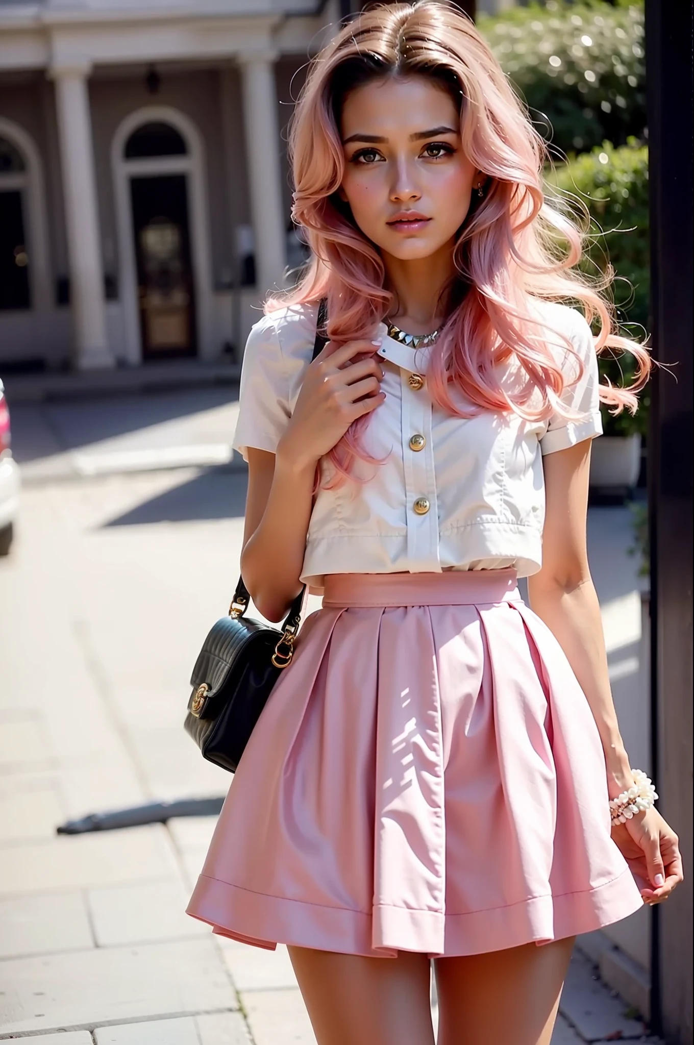 1. Pastel Pink Tone
Pastel pink tone can bring a sweet and elegant temperament to your style, which is very suitable for summer matching. It is recommended to use light pink as the main color to show the feminine and lively characteristics, and add metallic elements as decorations on clothing, bags and other small items, highlighting elegance without losing coolness.
You can choose a light pink midi skirt or shirt as an inner layer, then wear a classic and excellent pleated skirt like Chanel to perfect the layered feeling. Finally, break the overall sweetness with black shiny leather thread handbag, adding a slight toughness. The combination of pink and black tones are highly complementary, giving people a visually striking effect.