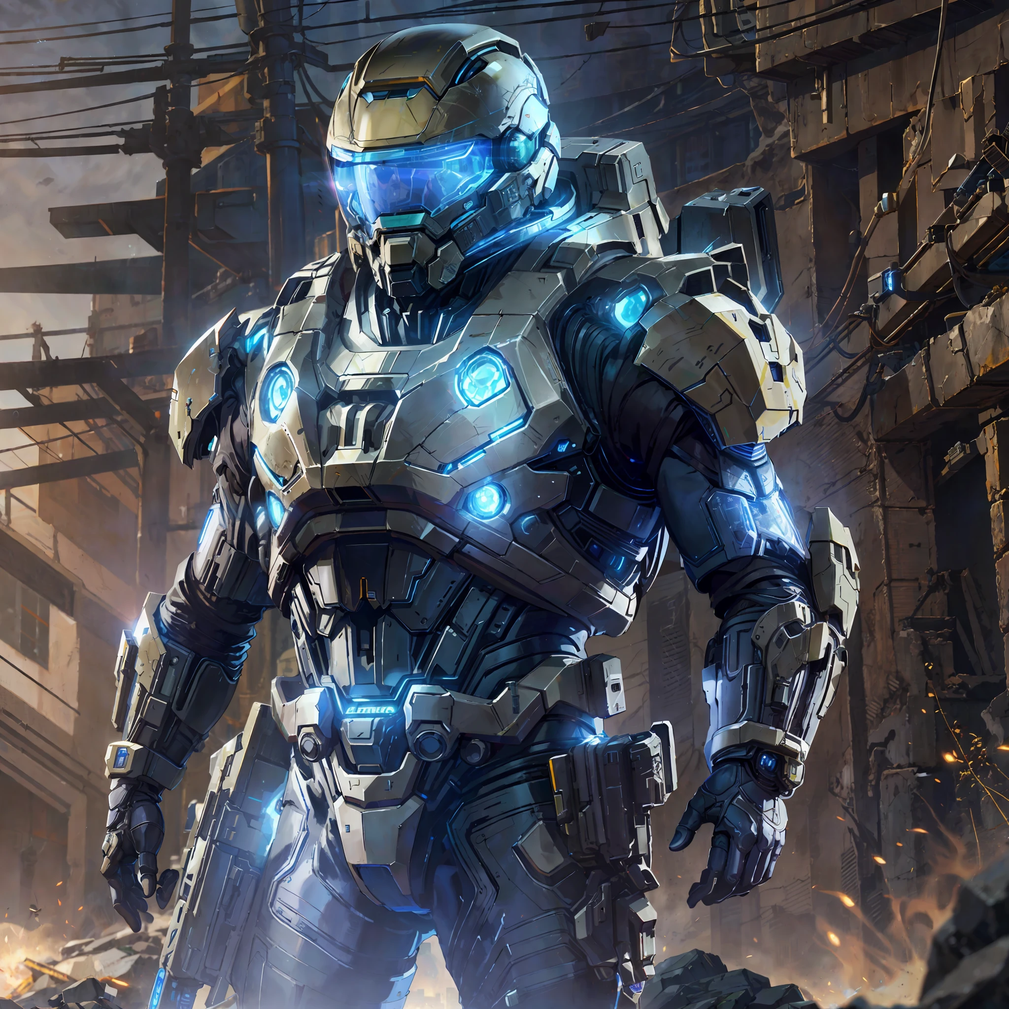 Man Alaferd in a futuristic suit, Quake armor from Halo Infinite, dressed in sci-fi armor, standing in a cyberpunk city rendered by octane rendering of hype reality, HQ 4K wallpaper, Halo Master Chief played by Adam Driver Dryver.