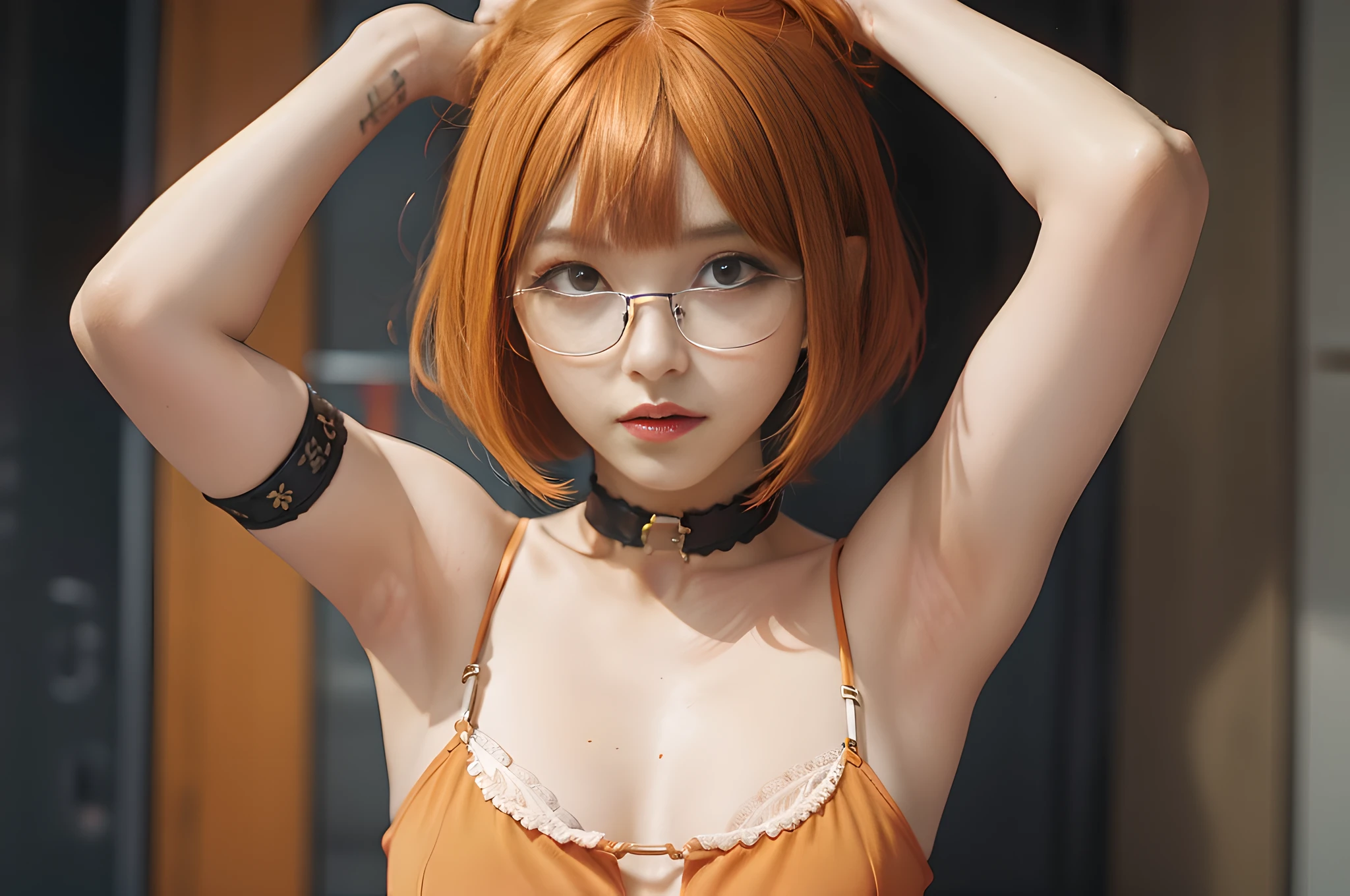 A beautiful girl in hell doing striptease, bangs, (orange hair: 2.6 ), (bob cut: 1.5), glasses