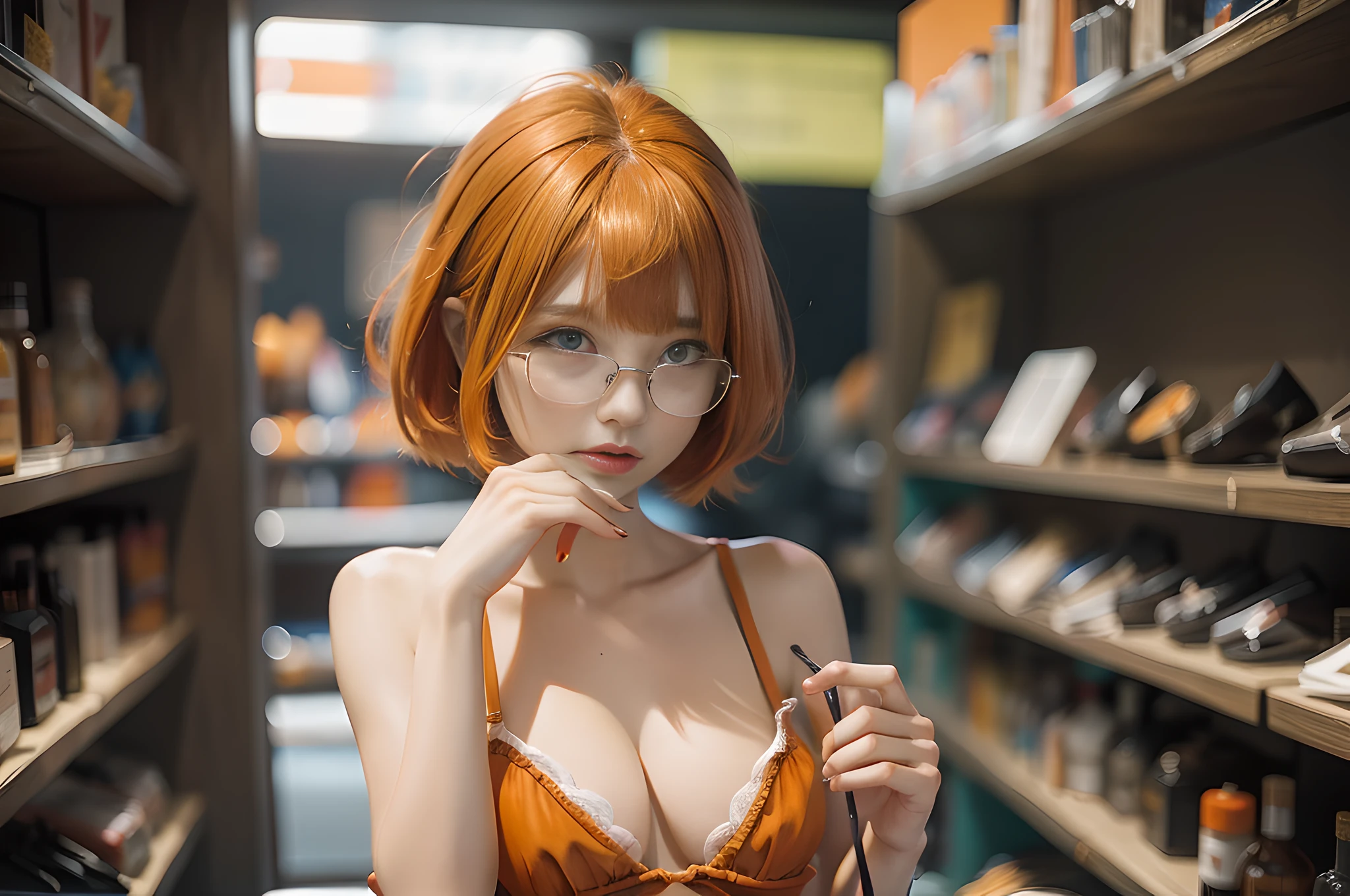 A beautiful girl in hell doing striptease, bangs, (orange hair: 2.6 ), (bob cut: 1.5), glasses