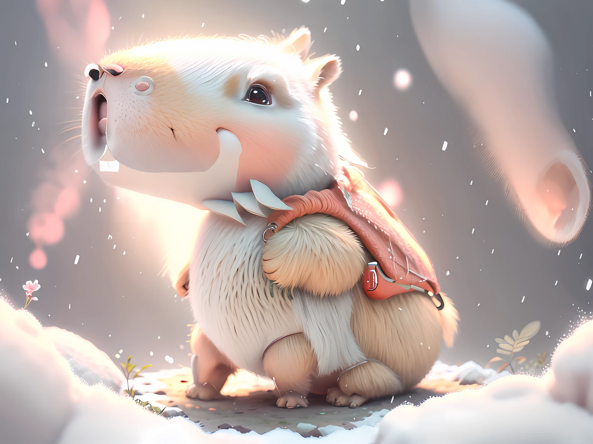 a capybara, garden with flowers, field, snowing