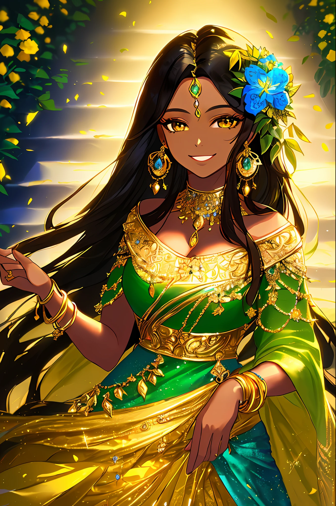 paiting oil, (woman, light brown skin, gold_eyes, long black hair, in luxury_dress green, blue and gold jewelry, closing on the viewer, side locks, smiling), (botanical, staircase, leaf, flower background), (intricate, cinematic lighting, bright, dramatic lighting, beautiful detailed brightness, masterpiece, best quality)