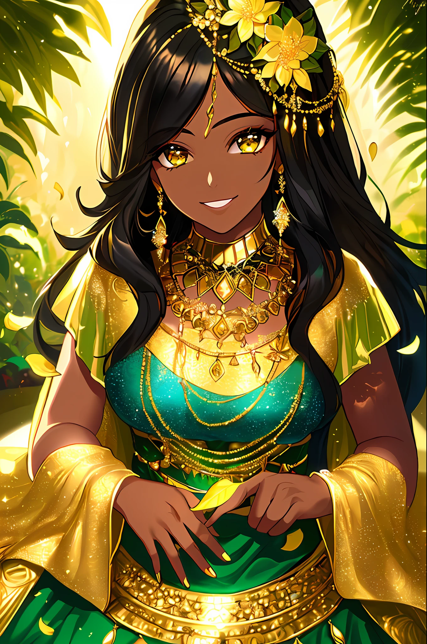 paiting oil, (woman, light brown skin, gold_eyes, long black hair, in luxury_dress green, blue and gold jewelry, closing on the viewer, side locks, smiling), (botanical, staircase, leaf, flower background), (intricate, cinematic lighting, bright, dramatic lighting, beautiful detailed brightness, masterpiece, best quality)