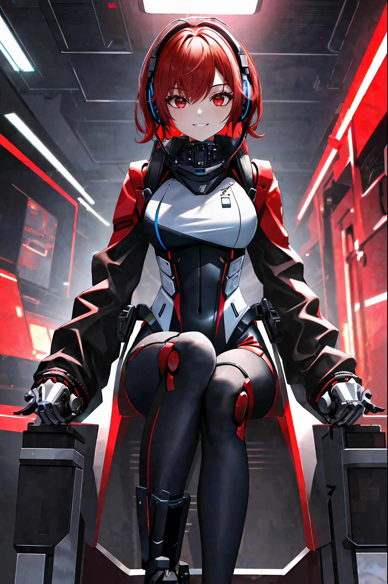 Absurd, very precise details, highly detailed 8K wallpaper, (transcendent beautiful girl: 1.5), break, shortcut, redhead, cowboy_shot, from below, ceiling, looking at the viewer, :/, bright red eyes, headphones, grinning, half-undressing jacket, exoskeleton leotard, cyberpunk, perfect five fingers, break, (mechanical joints and mechanical feet : 1.5), sitting on a chair (suit made of mesh material: 1.1),