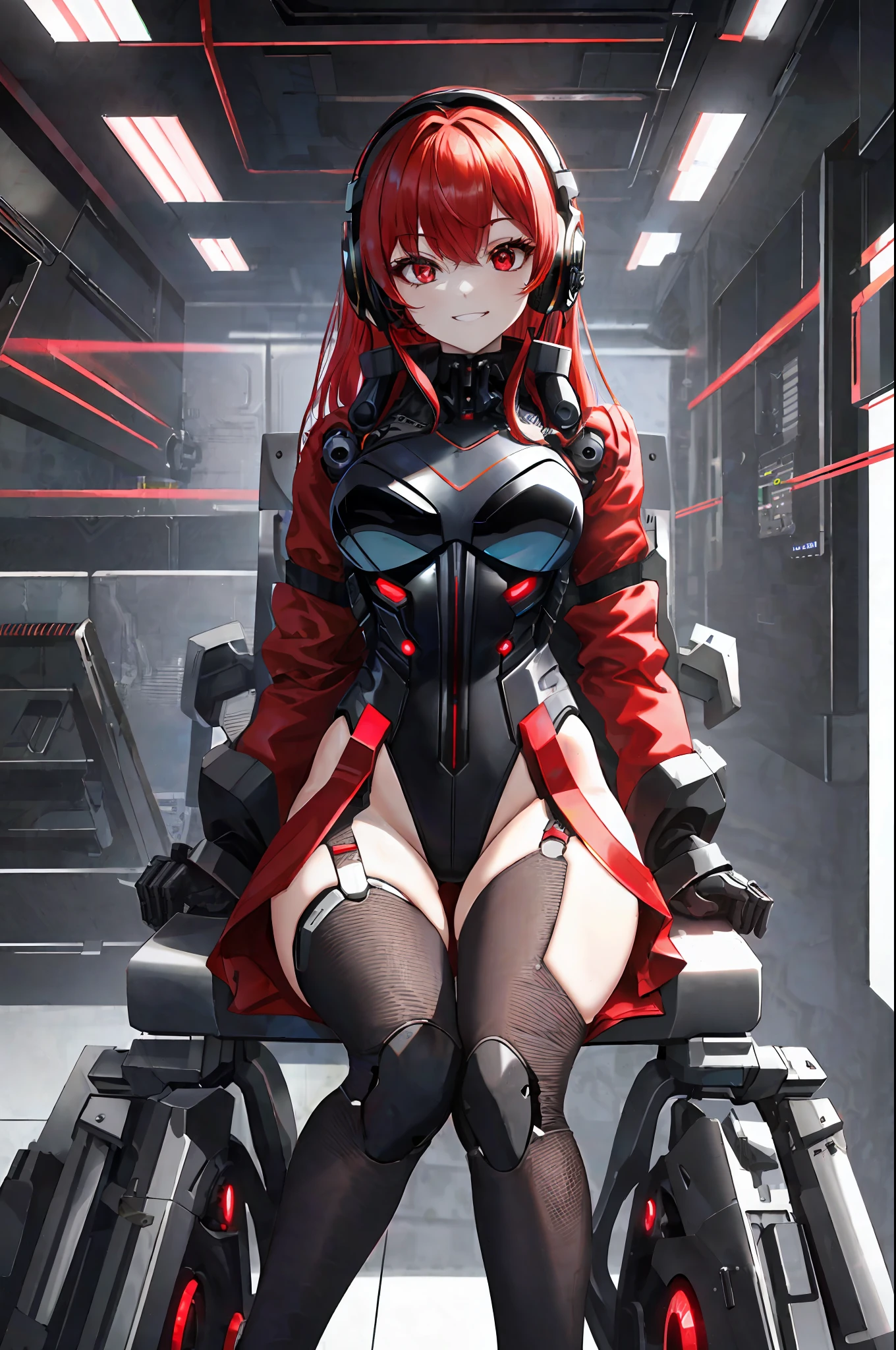 Absurd, very precise details, highly detailed 8K wallpaper, (transcendent beautiful girl: 1.5), break, shortcut, redhead, cowboy_shot, from below, ceiling, looking at the viewer, :/, bright red eyes, headphones, grinning, half-undressing jacket, exoskeleton leotard, cyberpunk, perfect five fingers, break, (mechanical joints and mechanical feet : 1.5), sitting on a chair (suit made of mesh material: 1.1),