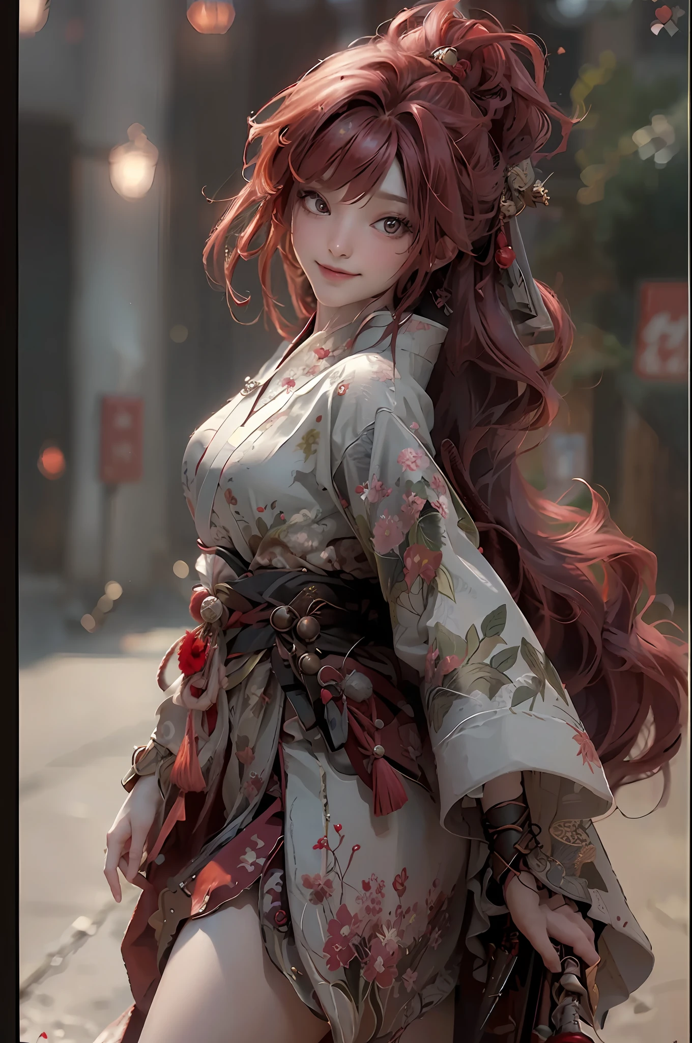 (RAW Photo, Best Quality), (Realistic, Photorealistic True: 1.3), Best Quality, Highly Detailed, Masterpiece, Hyperdetailed, Illustration, 1 Girl, Smile, Red Hair, Red Hanfu, Wield a Sword, upper_body, Dynamic Angle, World Mastery Theatre, Flying Long Hair, Fluores Cent Red, Dynamic Fire Inbackground, Best Quality, Extremely detailed CG unified 8k wallpapers, ink, amazing, movie lights, lens_flare, wuxia_style