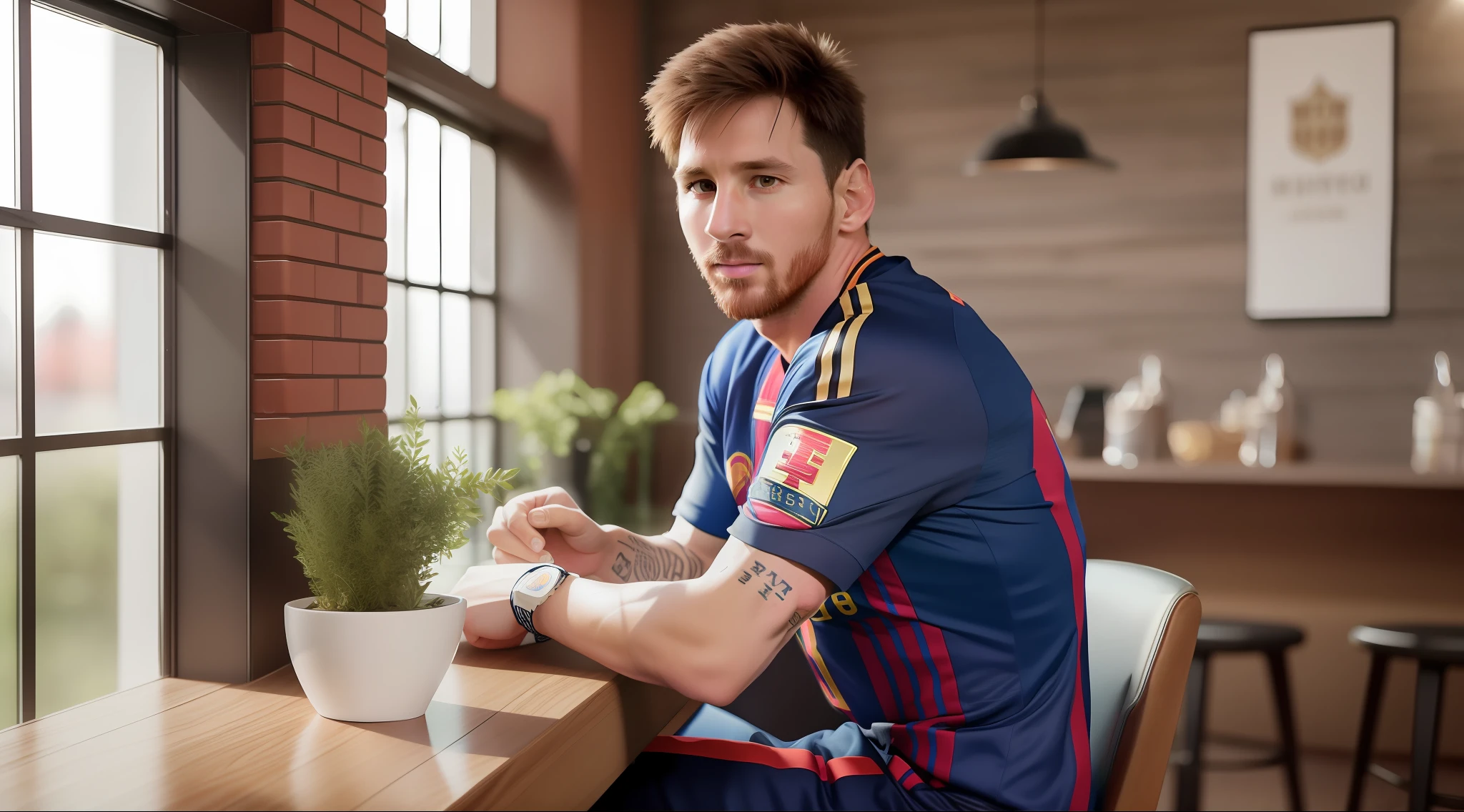 Messi :1.5 (Football Player, Realistic details,),he sit on coffee shop,4k, Cenimatic Lighting, masterpiece,