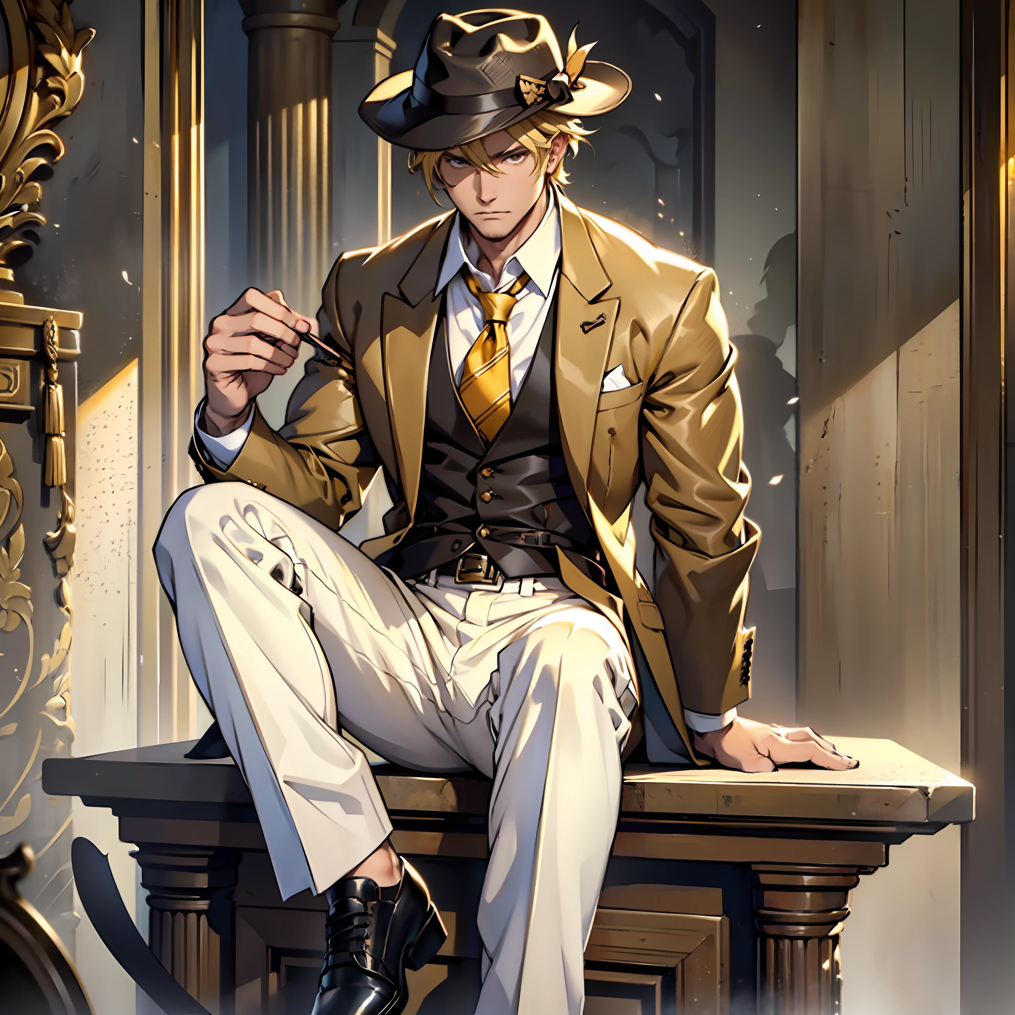 Gorgeous man, strong physique, burnt yellow social blouse, long white pants, black colored social shoes, blonde hair parted in the middle, short hair, straight hair, brown colored eyes, slender appearance, elegant, brown tie, indifferent look, ancient kingdom, scroll room, man in his 60s, fedora hat.