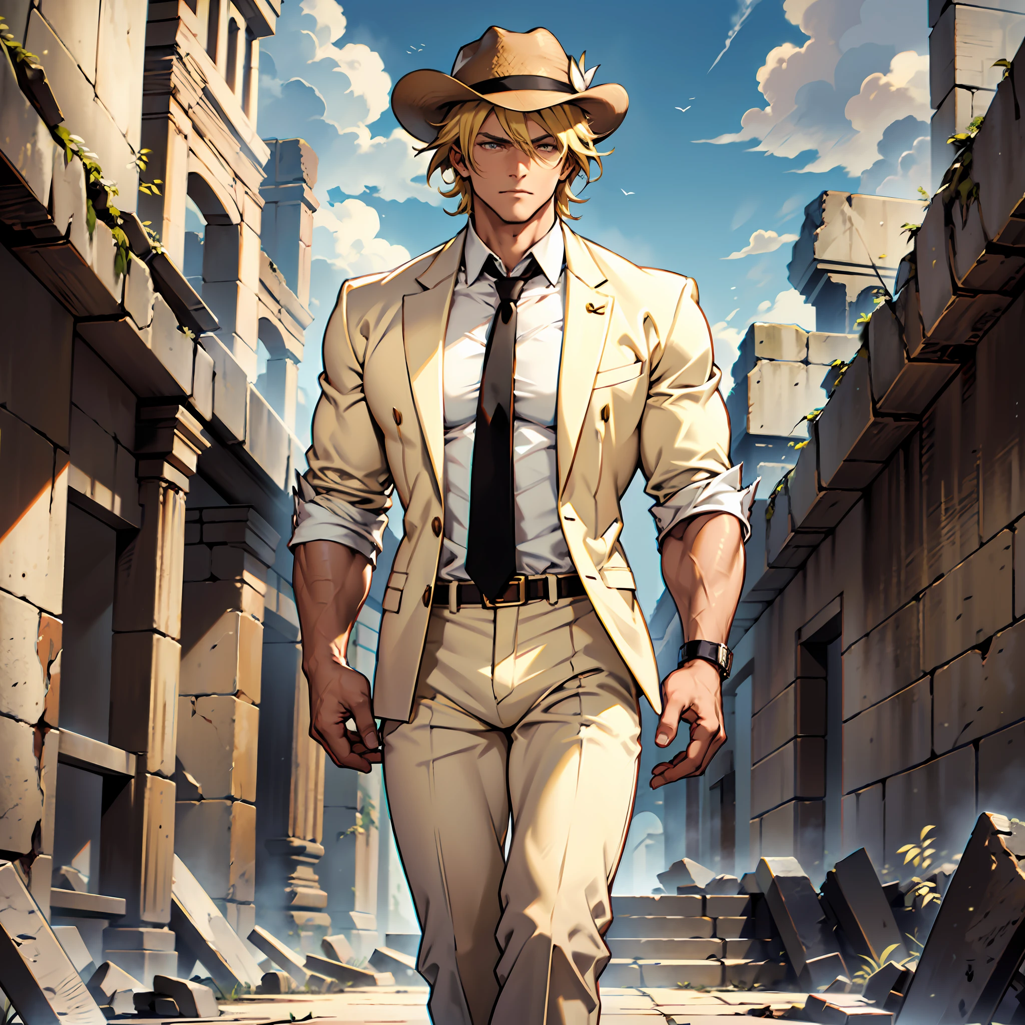 Gorgeous man, strong physique, burnt yellow social blouse, long white pants, black colored social shoes, blonde hair split in the middle, short hair, straight hair, brown colored eyes, slender appearance, elegant, brown tie, indifferent look, ancient kingdom, walking over ruins, man in his 60s, fedora hat.