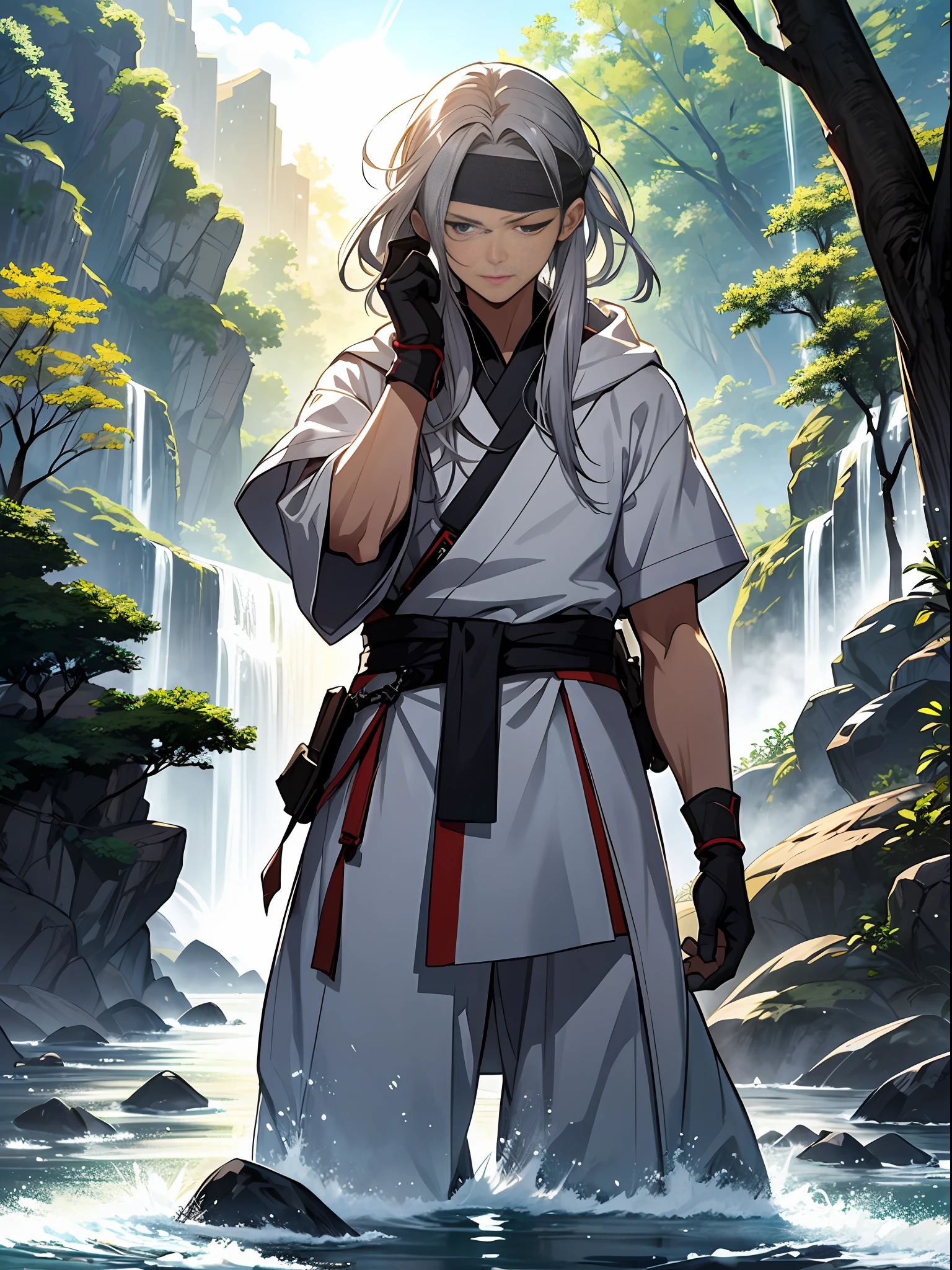 Long grey haired man, ((blindfold)), sixpack, wearing white robe, white gloves, facing the camera, half-body shot, fighting stance, aggresive fighting stance, standing on the forest, waterfall, a small river flowing beside him, beautifull sun lighting, ((masterpiece quality)), eastern martial artist, wuxia vibe, light novel illustration, extremly detailed face, art style by krenz cushart + akihiko yoshida, trending in art station,