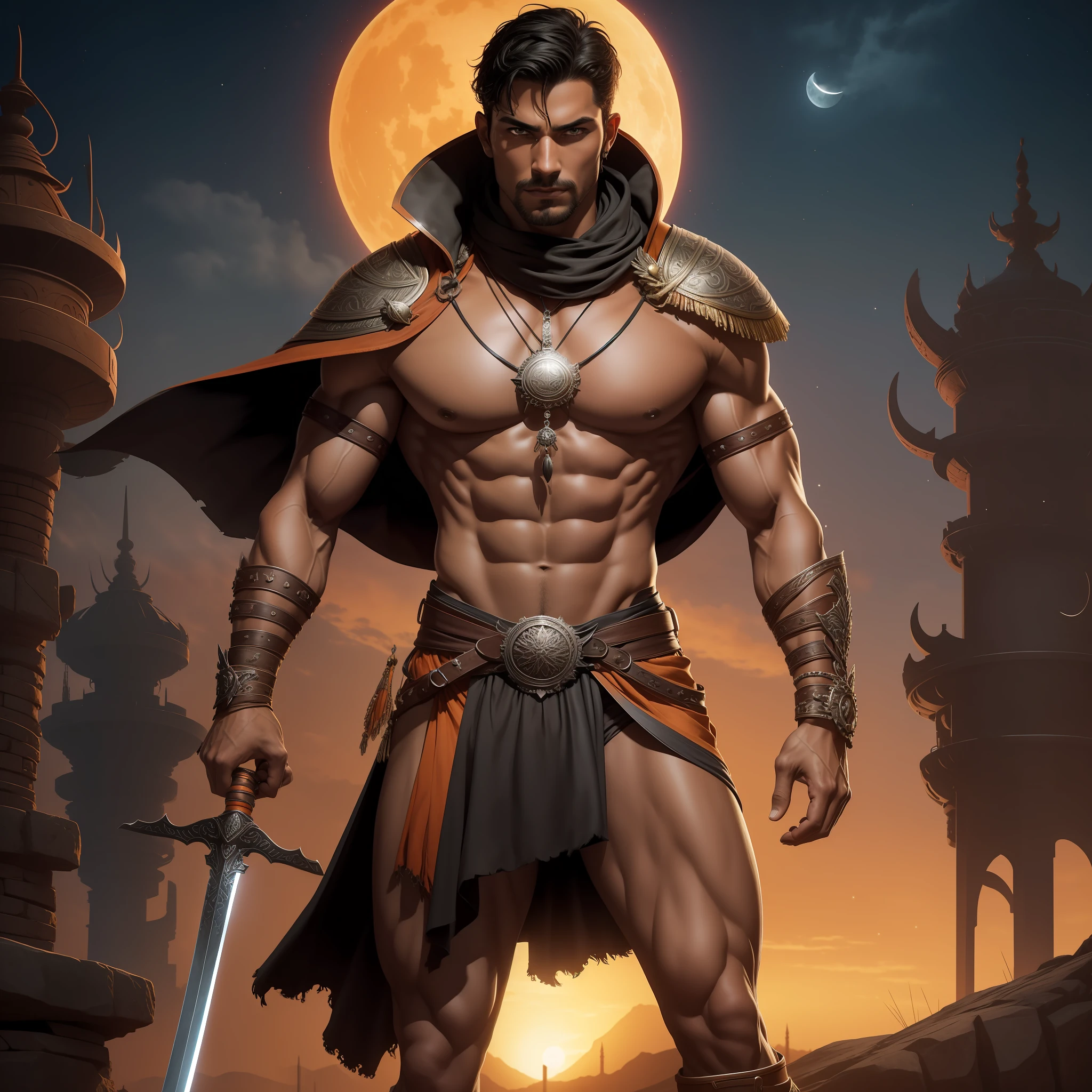 1man, tall muscular man, tanned skin, short cropped black hair, grey eyes, wearing belt, loincloth, and jeweled leather harness with intricate amulet, on high ground, raising sword over head, orange sky, two moons, rust colored desert, ruined stone city towers in the distance, bokeh, raytracing, realistic textured skin, particle effects, depth of field