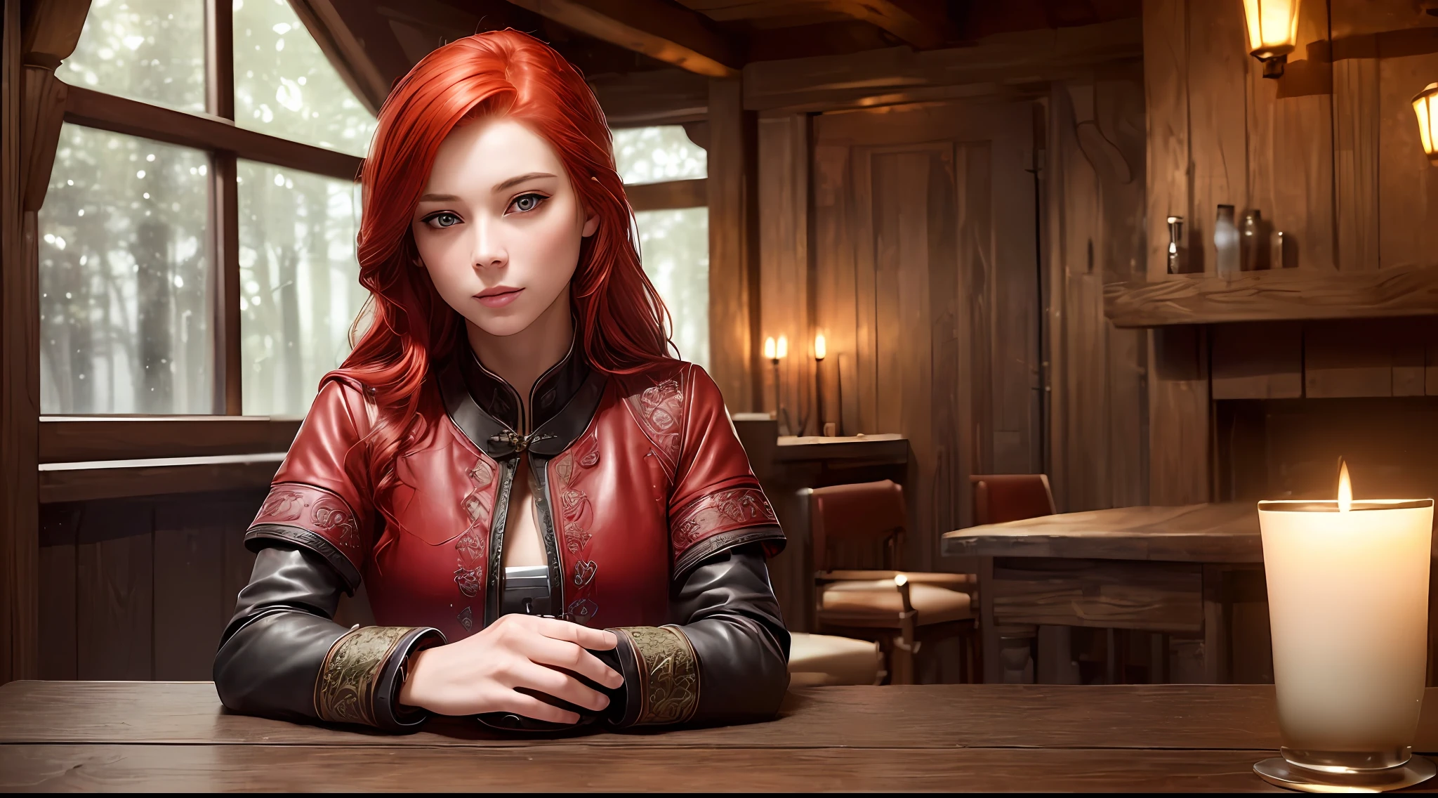 (((((only one woman in the image))))), (skindentation:1.5), realistic, photorealistic, (masterpiece:1.5), concept art, intricate details, highly detailed, octane rendering, 8k, unrealistic engine, dynamic pose, best quality, high resolution, ((dramatic)), epic, depth of field, 8k, particles, (realistic face:1.1, hyperrealistic:1.1), ((1girl, close-up, medium breasts, perfect eyes, detailed eyes, high quality eyes, perfect face, high quality face, bright skin:1.2, bright face:1.2, embarrassed, blush:0.8, green eyes)), tavern owner, rustic tavern interior in the background, wooden mug, candlelight, sign, jovial fantasy atmosphere, candlelight, (fireplace), (a window in the background raining), detailed background, blurry wooden bar table as foreground, (((woman, red hair, perfect hands))), ((Mistress of the Tavern, extremely intricate robe, leather clothing, leather belt, boots, padded cloth, gloves, bracelets))