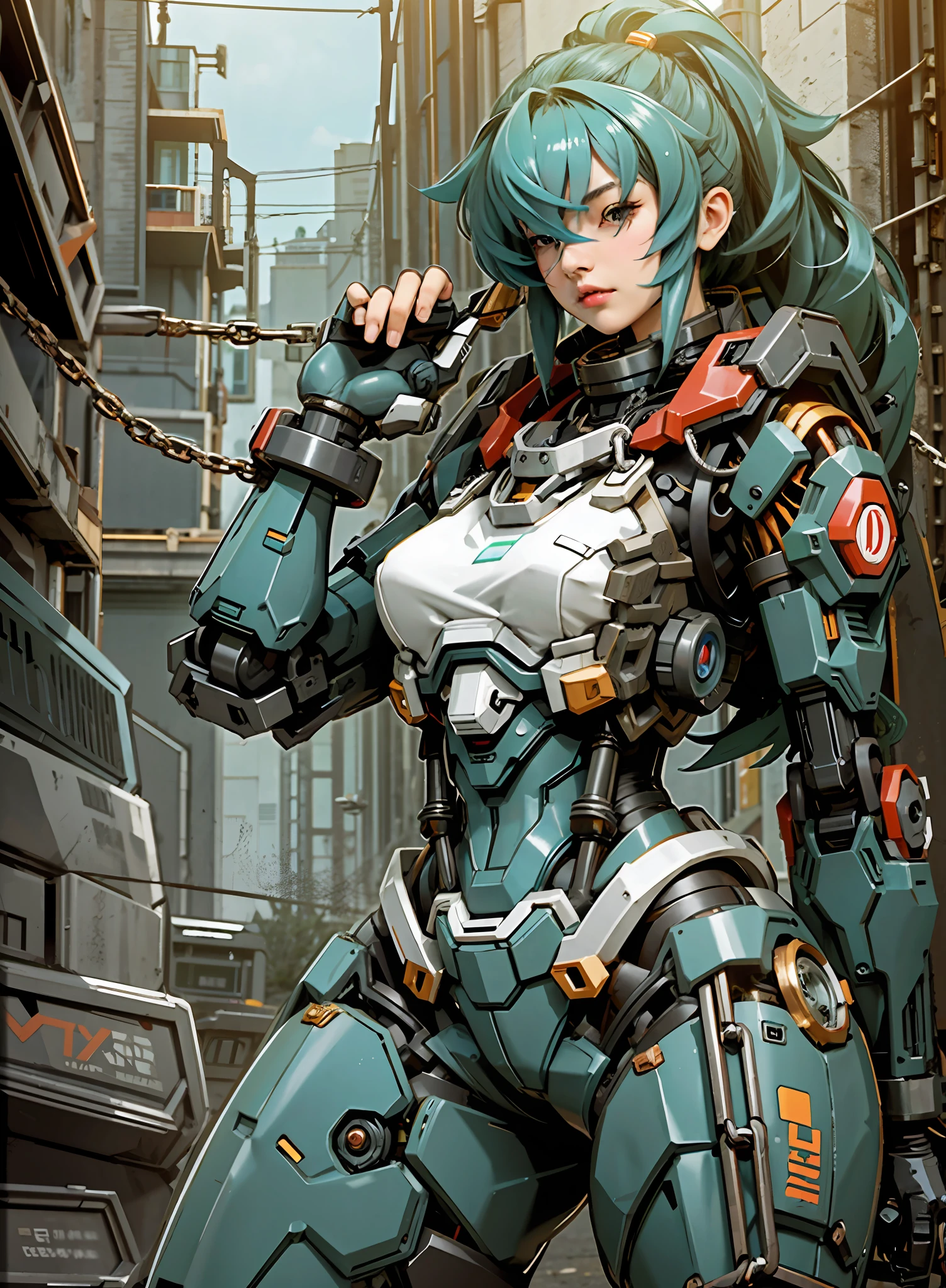 Pokemon inspired mech, Waifu, sexy, large breasts, Dark_Fantasy,Cyberpunk,(chain saw,chain saw man,Red:1.1),1man,Mechanical marvel,Robotic presence,Cybernetic guardian, wearing a worn-out mech suit, intricate, (steel metal [rusty]), elegant, clear focus, shot by greg rutkowski, soft lighting, vibrant colors, masterpiece, ((street)), cowboy shot, dynamic pose,