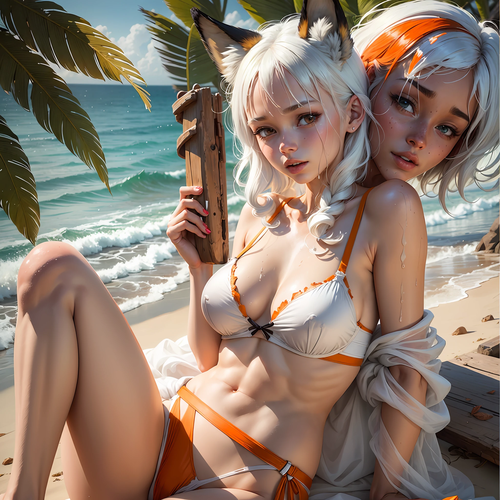 2 girls, 15 years old, height: 1.55, white hair, orange fox ears, and orange fox syrup, torn, falling gently down her shoulders as she holds the straps in her hands, showing a mix of sensuality and vulnerability. The chiffon bra adds a touch of femininity and sophistication to her look, wet body, wet with milk, sexualizing, cup, on the beach, sexualizing completely. toenail painted red.
